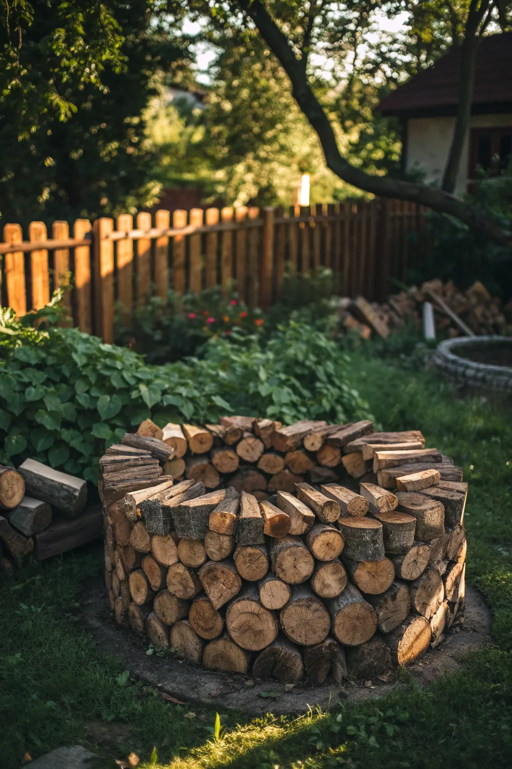Transform your garden with a stunning circular wood pile, where craftsmanship meets nature's beauty.