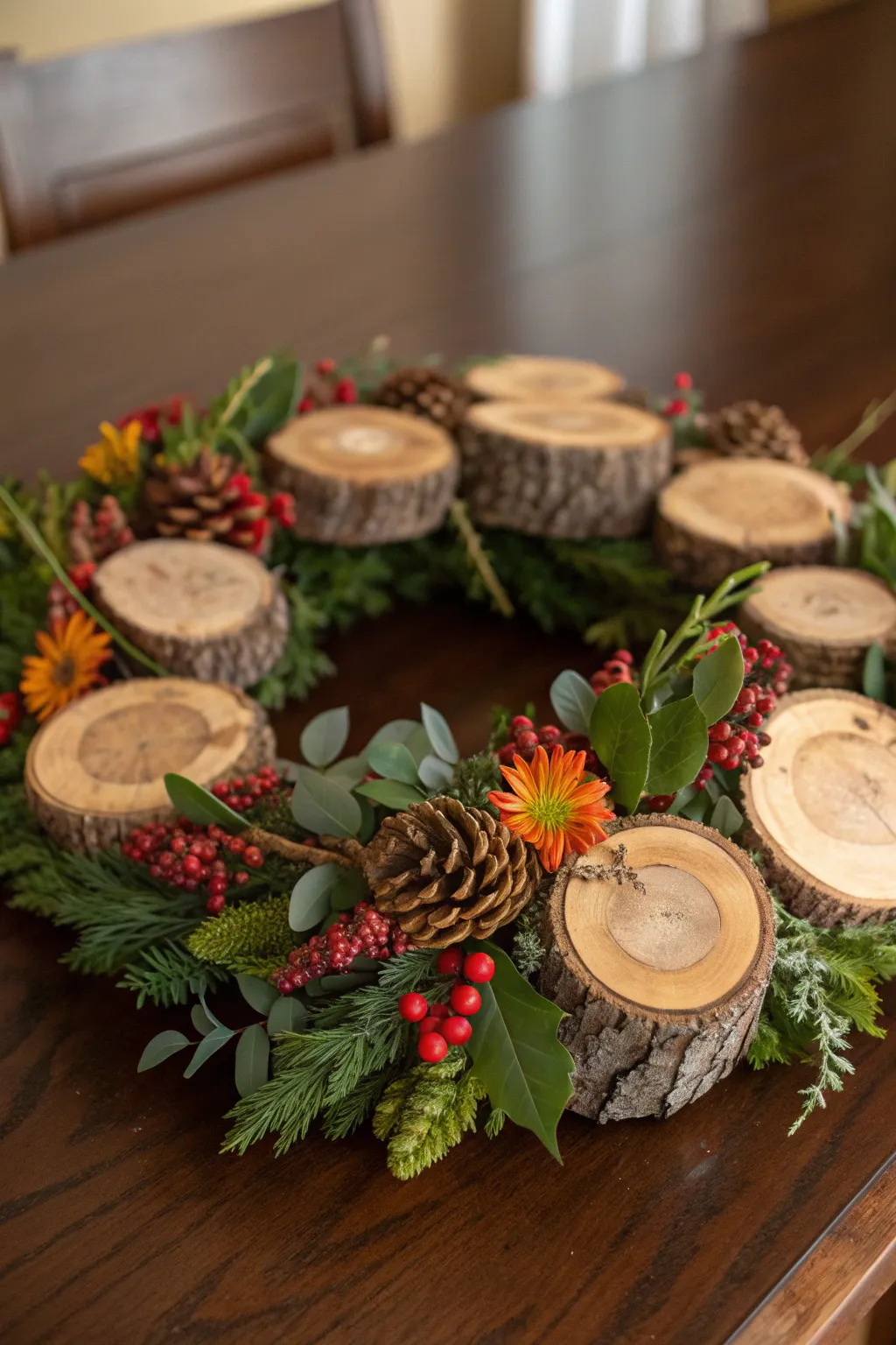 Elevate your table decor with this eye-catching wooden wreath centerpiece, where rustic charm meets vibrant elegance.