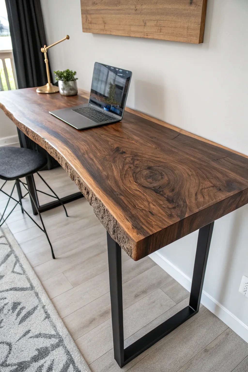Elevate your workspace: Discover the artistry of a bar-height wood slab desk.
