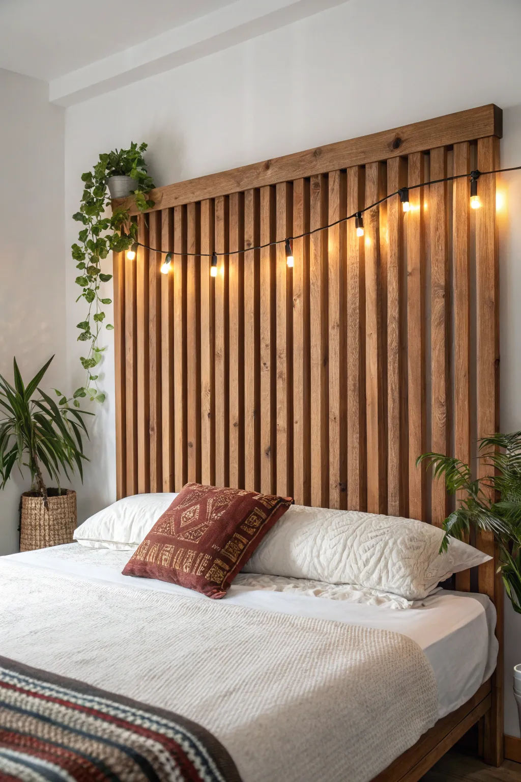 Transform your bedroom with a stunning wood slat headboard, blending minimalist elegance with a touch of Boho charm.