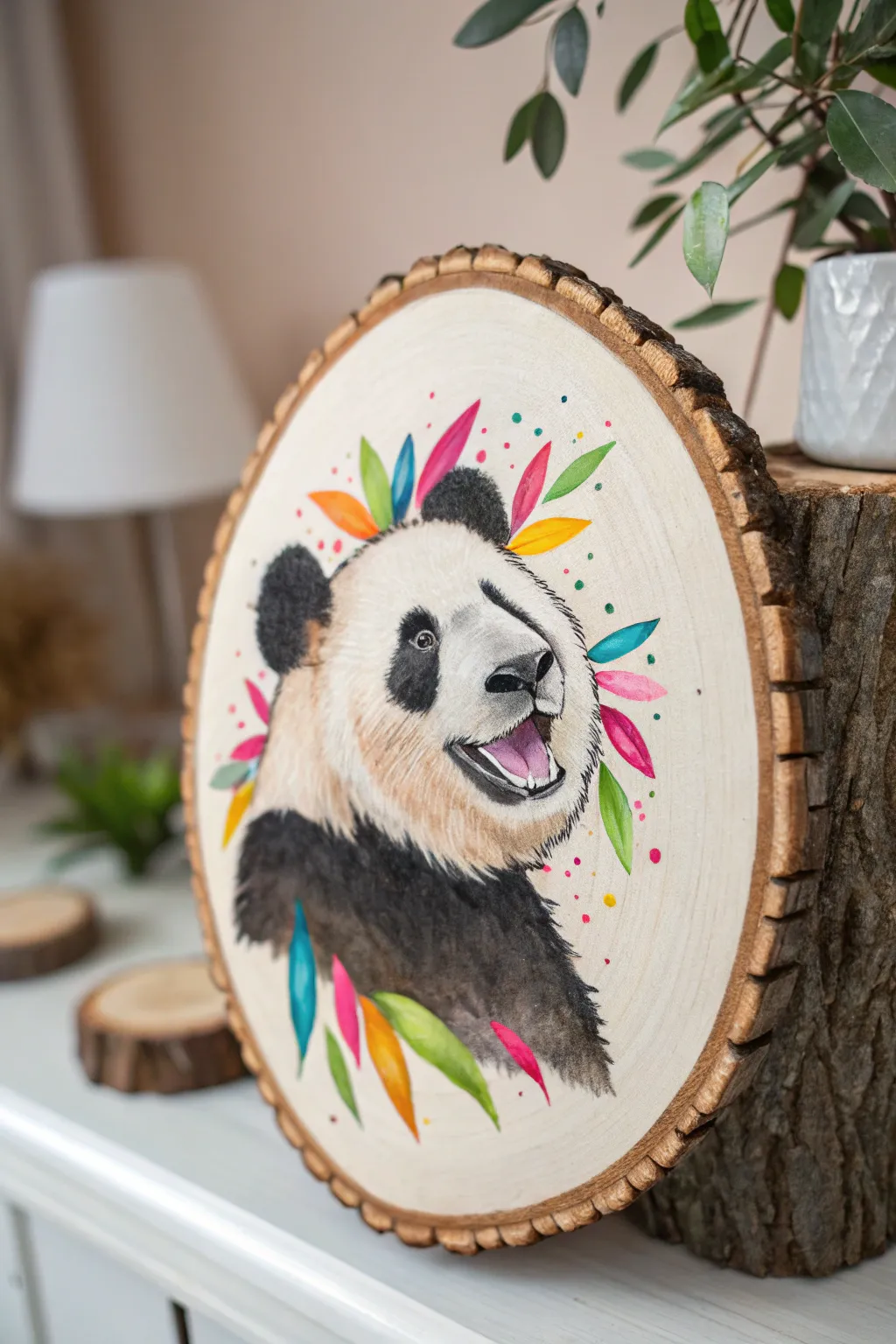 Add a splash of joy to your space with this delightful panda portrait on wood, where Scandinavian minimalism meets Boho charm!