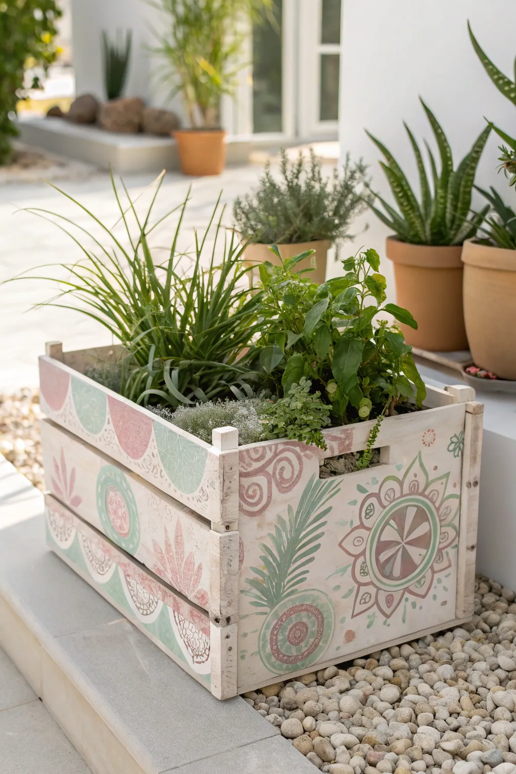 Transform your garden with a touch of Scandinavian elegance and boho charm using hand-painted wooden crates!