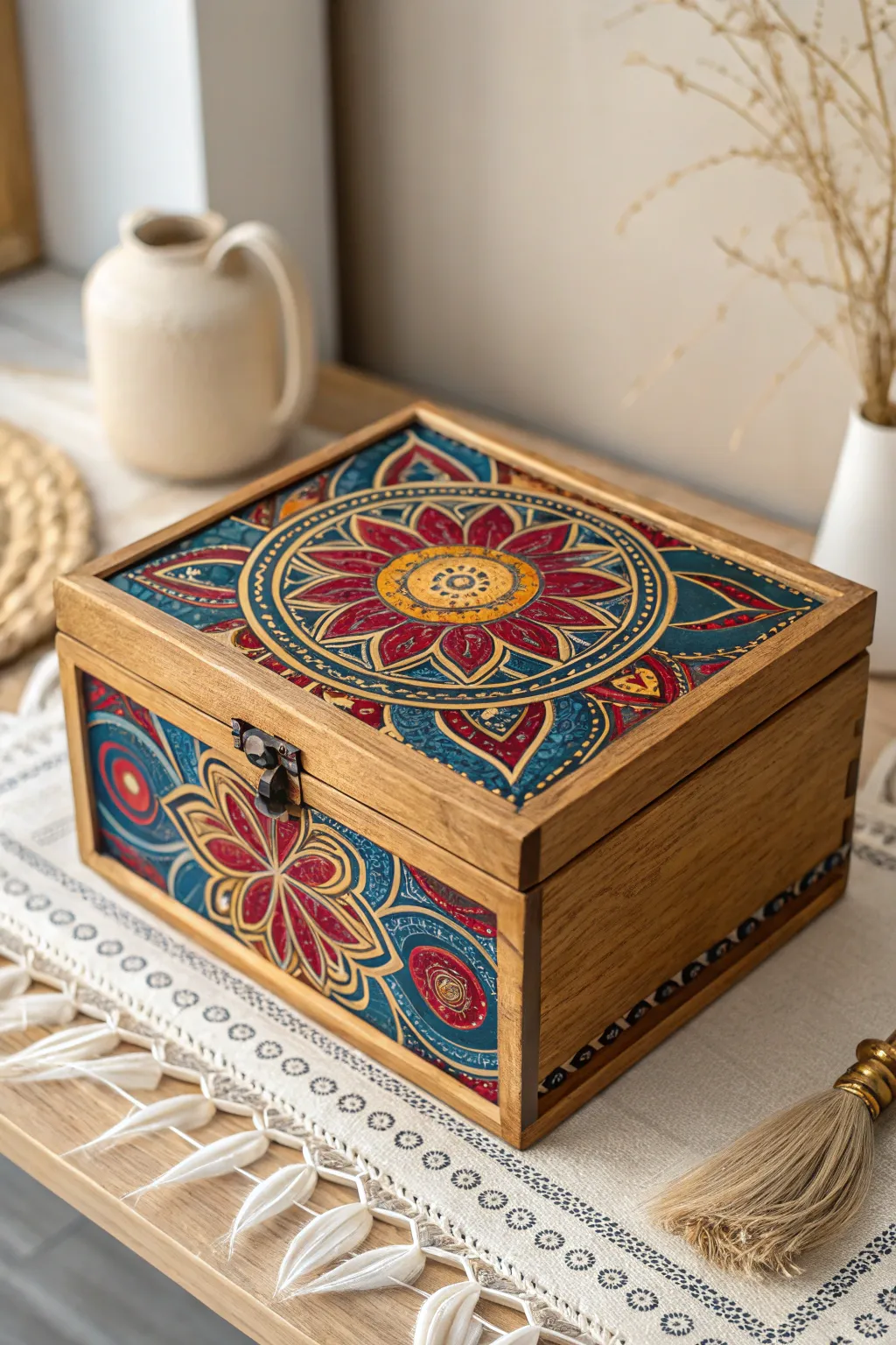 Transform your space with a touch of cultural wonder: a mandala masterpiece on a wooden jewelry box.