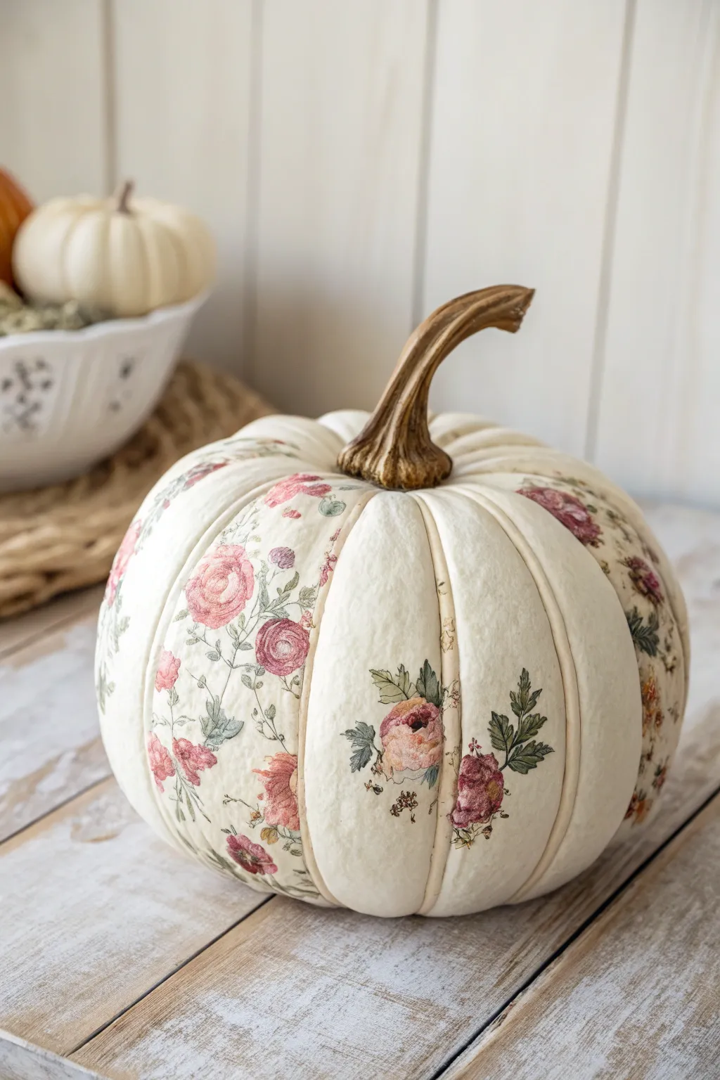 Transform your wooden pumpkins with vintage floral decoupage for a touch of Boho elegance.
