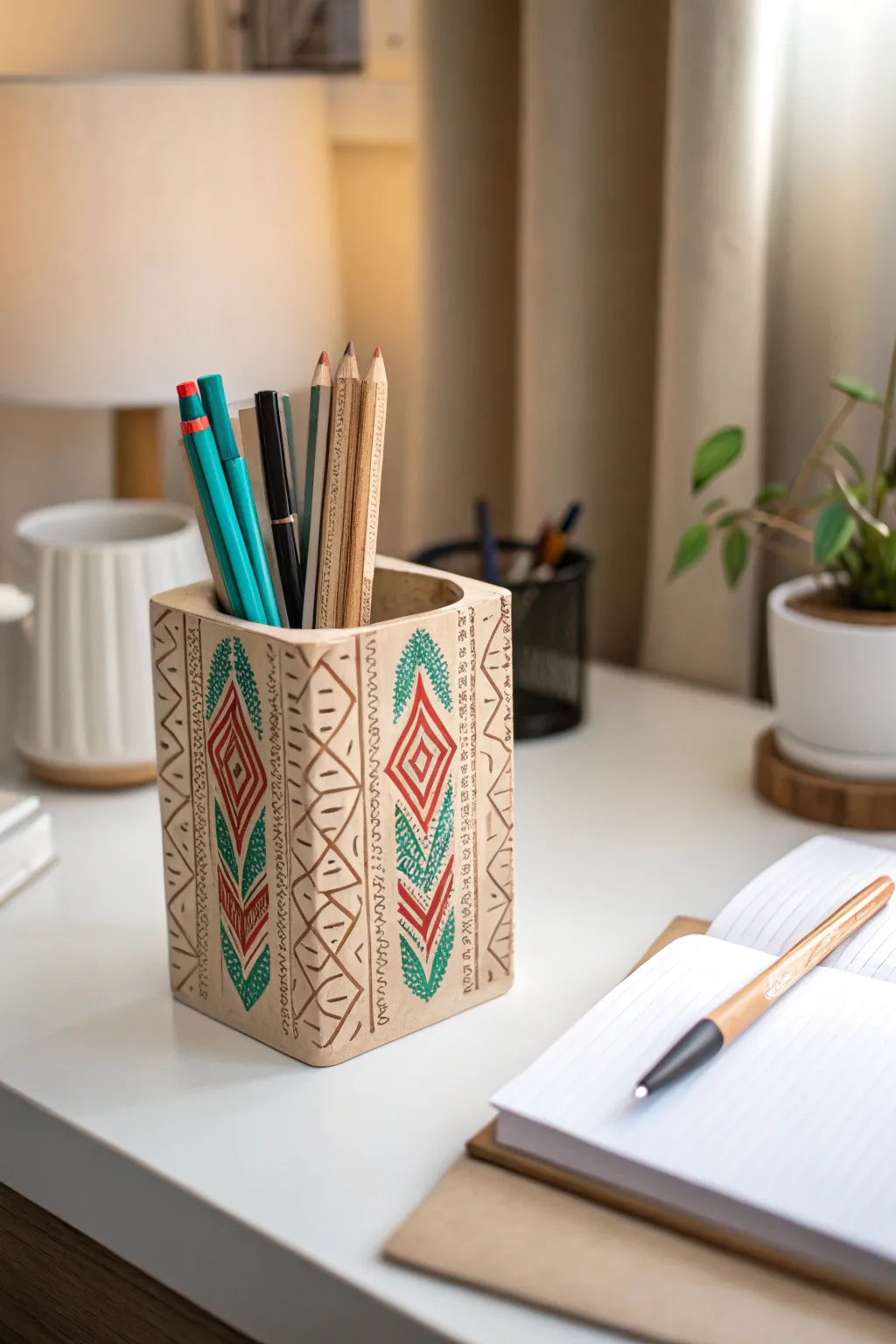 Elevate your workspace with a handcrafted wooden pen holder that combines Scandinavian minimalism with boho charm.