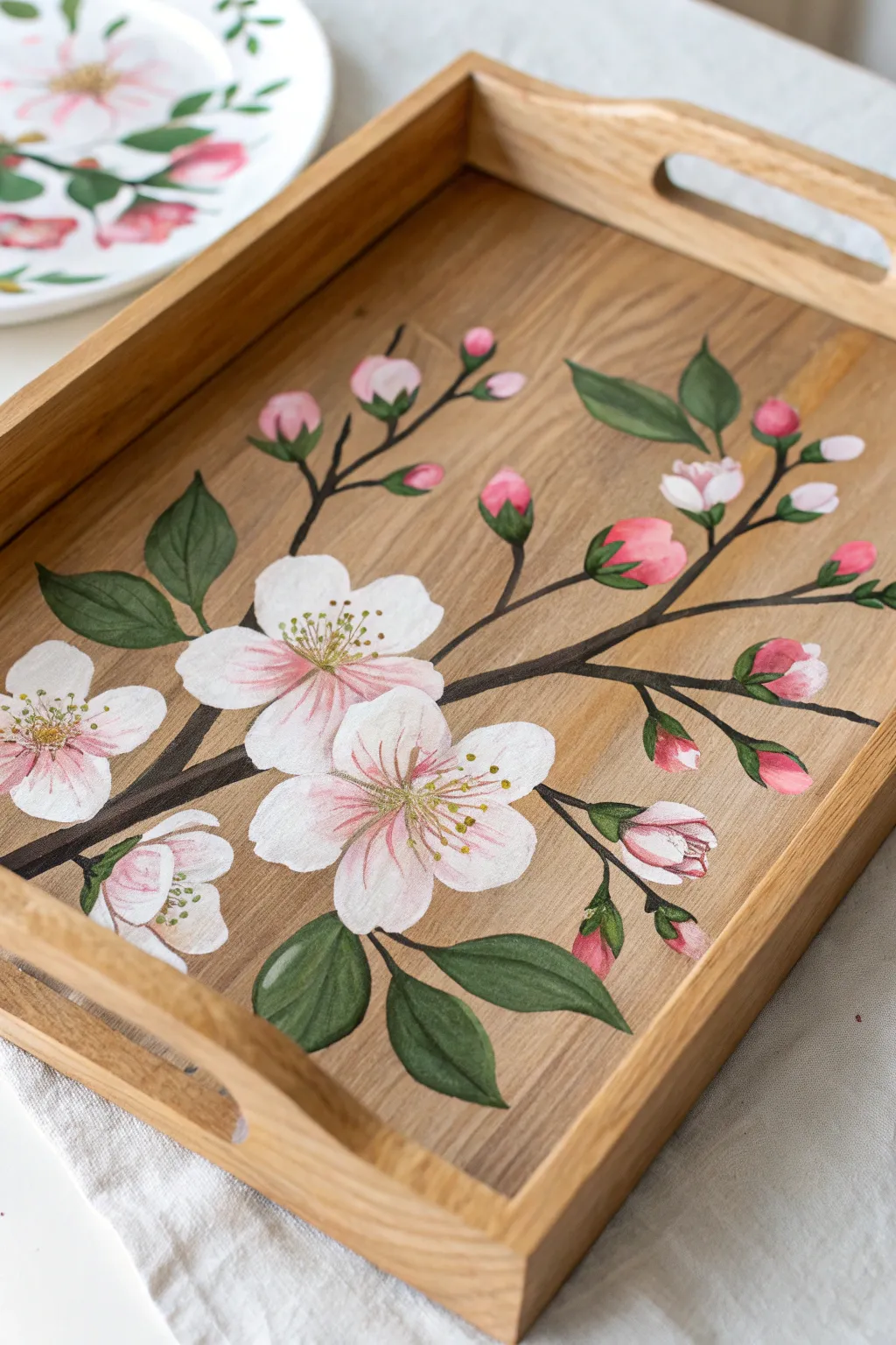 Embrace the beauty of spring with this handcrafted wooden tray, a perfect blend of Scandinavian simplicity and bohemian charm.