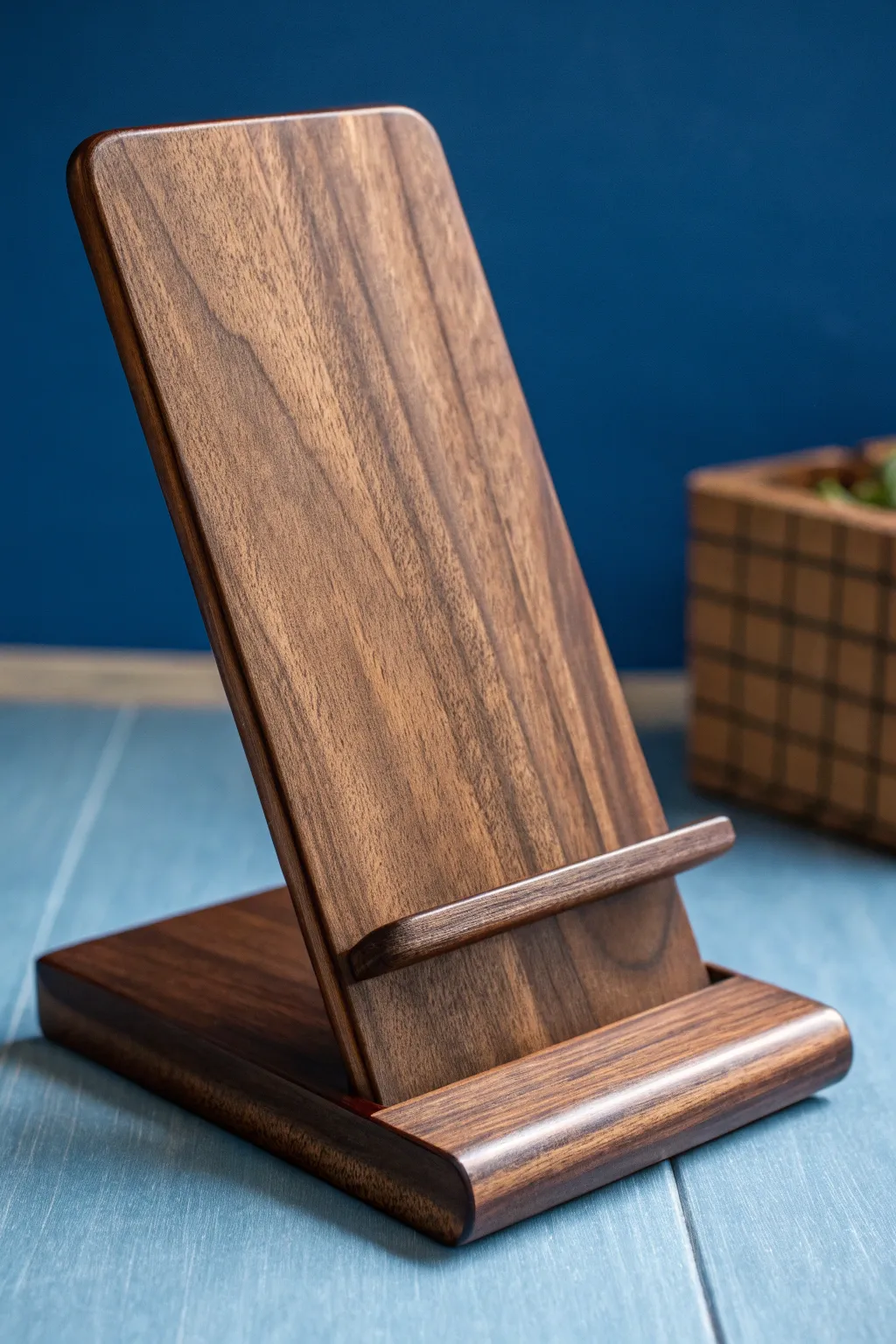 Elevate your workspace with this handcrafted walnut phone stand, where elegance meets functionality.