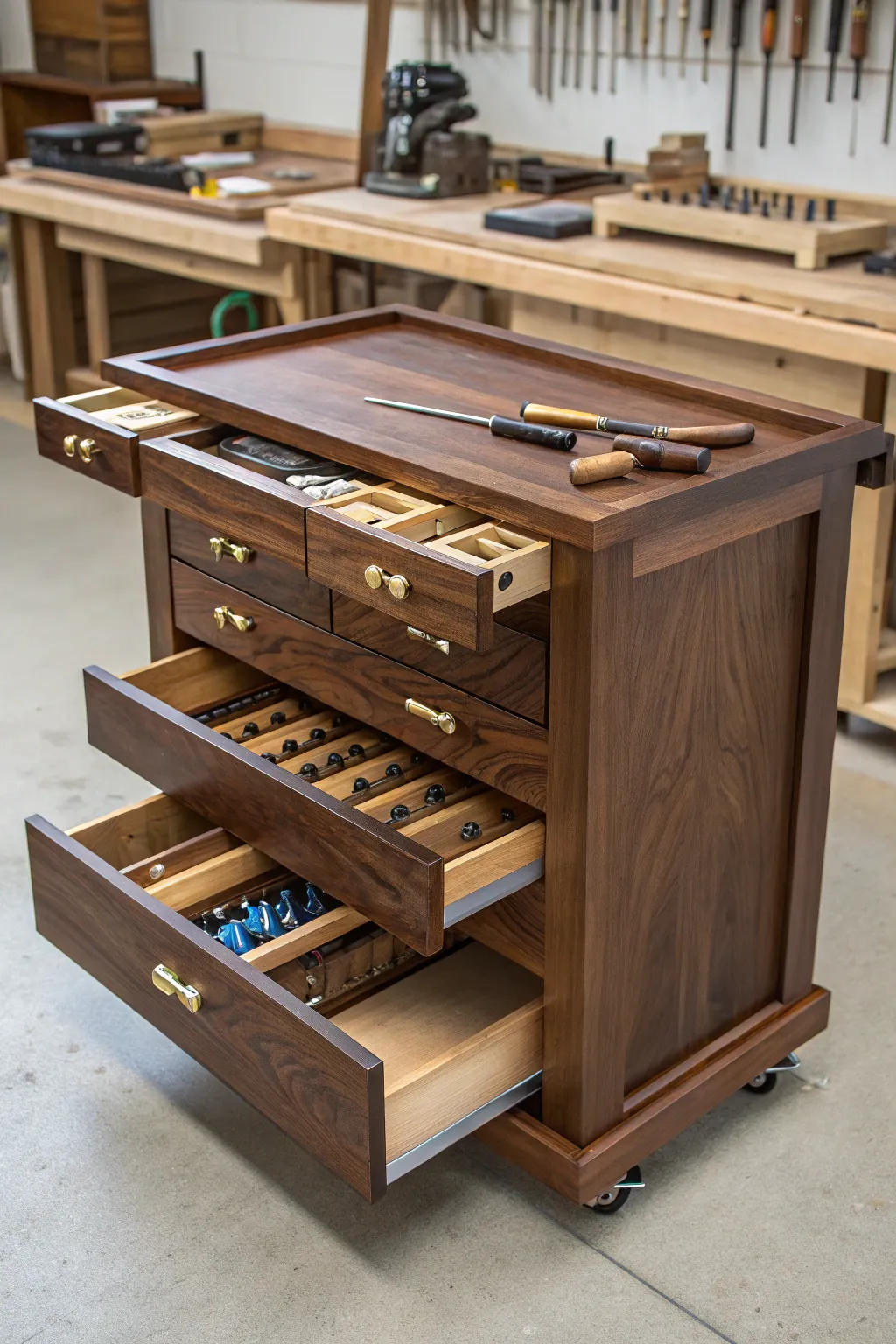 Organize your craft with style: Discover the art of woodworking with integrated storage solutions. #WorkbenchWonders #Craftsmanship
