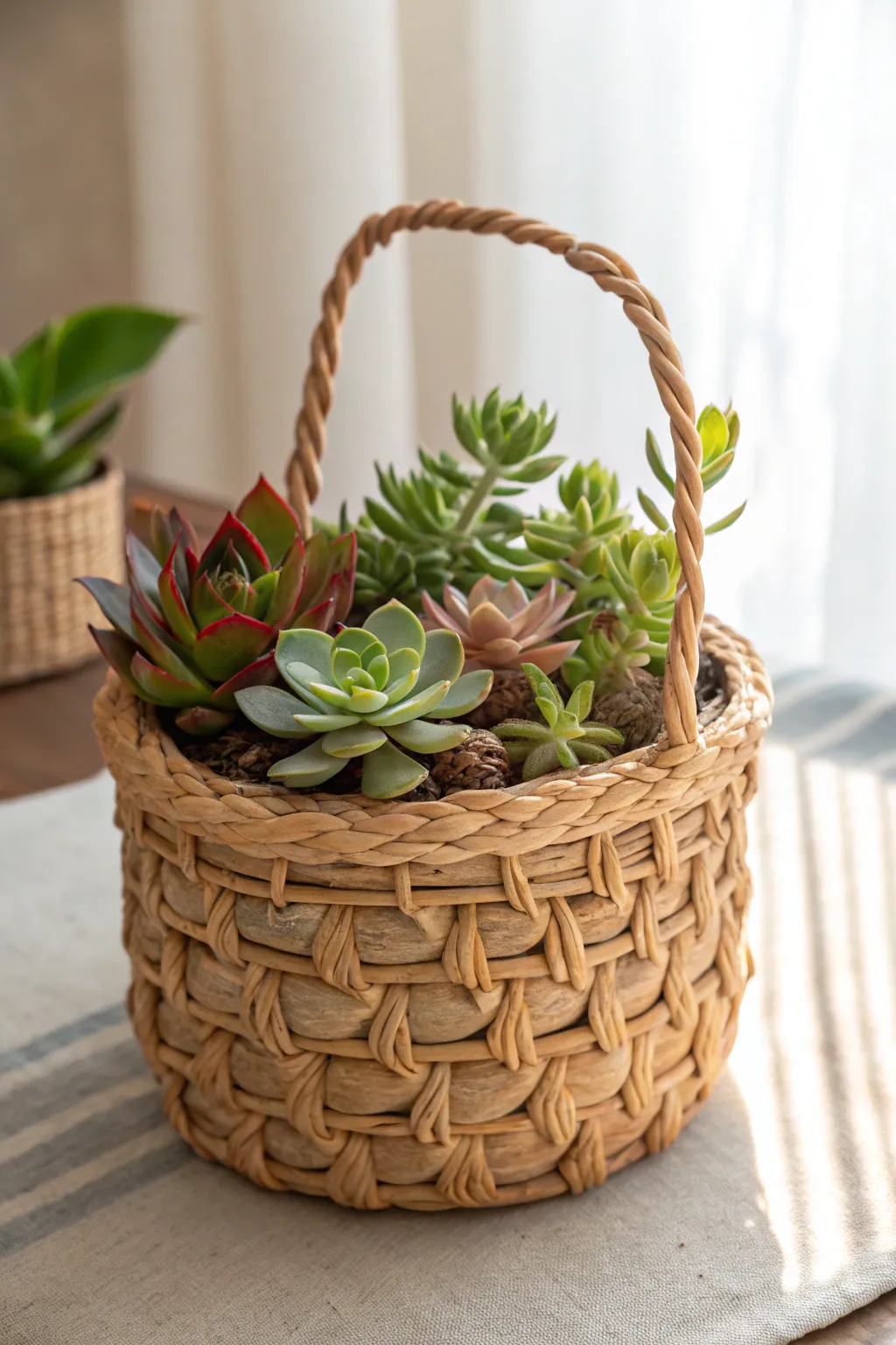 Elevate your space with the natural beauty of woven planters and lush succulents.