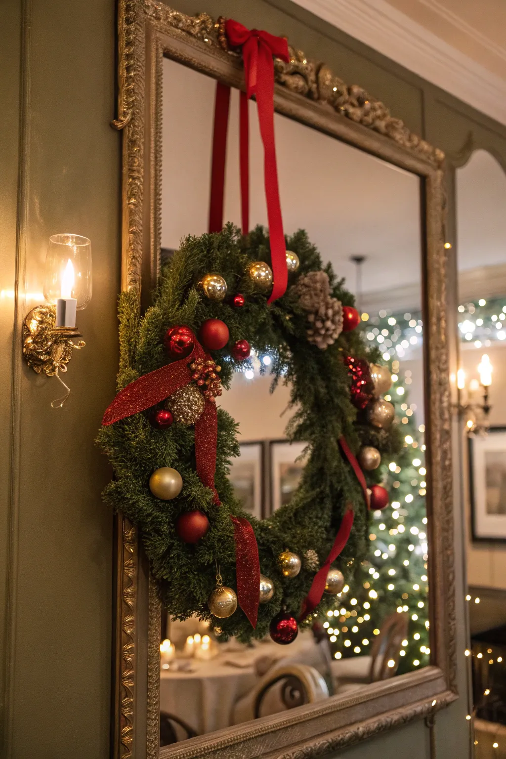 A festive wreath with ornaments adds seasonal sparkle.