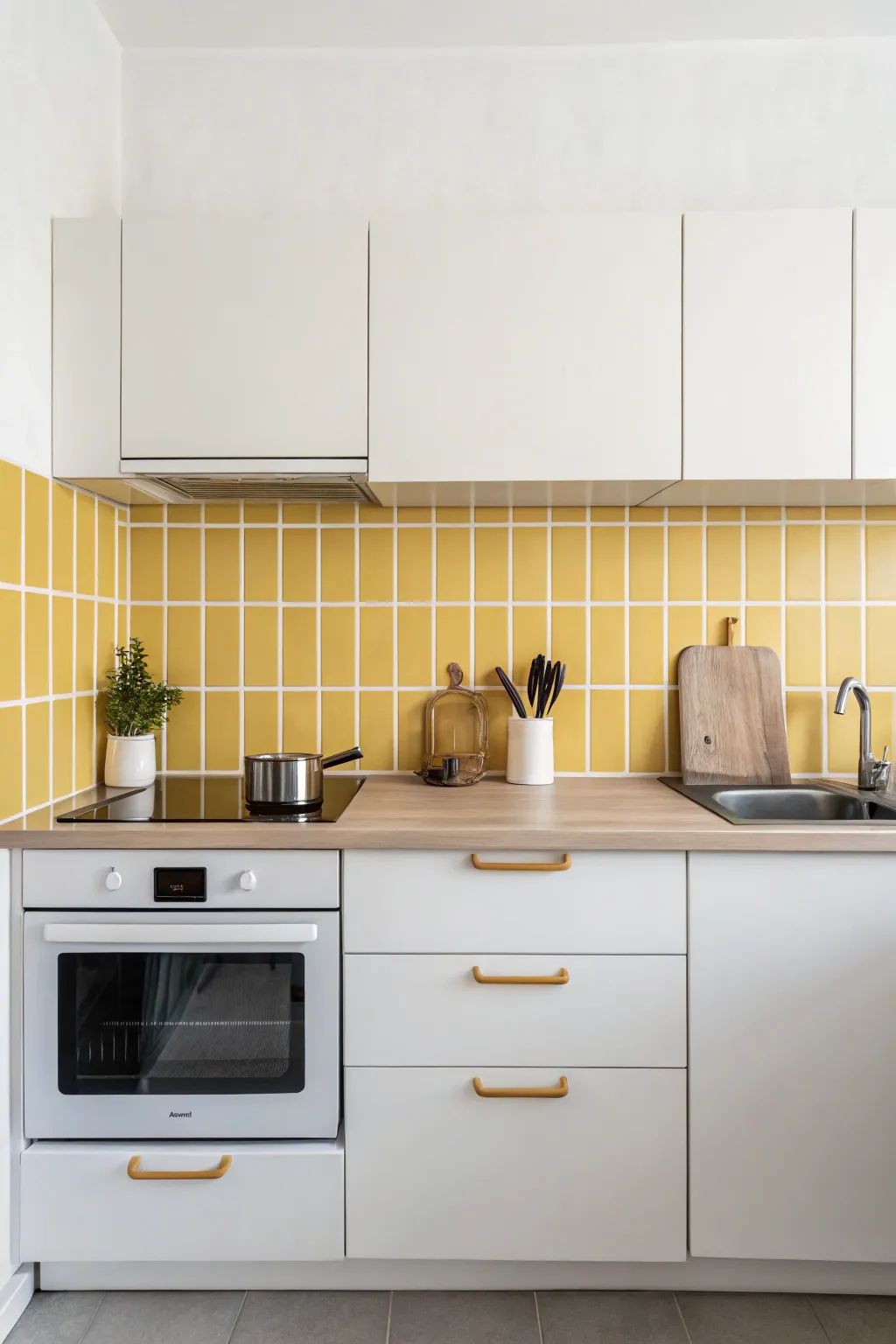 A hint of yellow adds a cheerful touch to this minimalist kitchen.