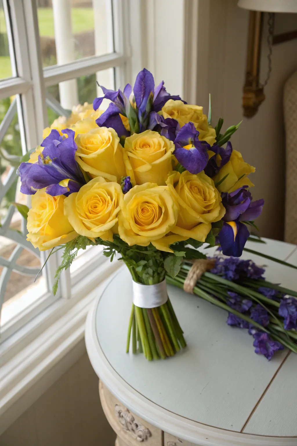 Whimsical mix with yellow roses and purple irises.