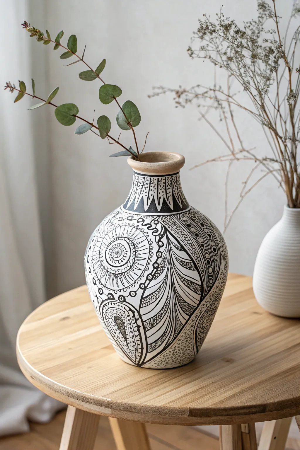 Discover the elegance of monochrome with this striking Zentangle-inspired ceramic vase, perfect for adding a touch of artistry to your minimalist decor.