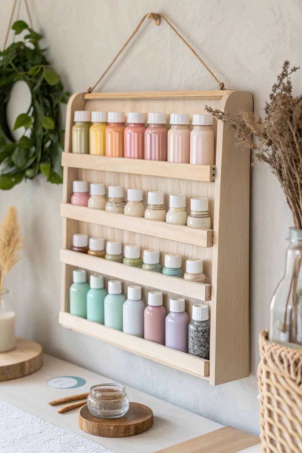 Transform your space with this chic DIY paint bottle organizer, blending Scandinavian minimalism with a boho touch.