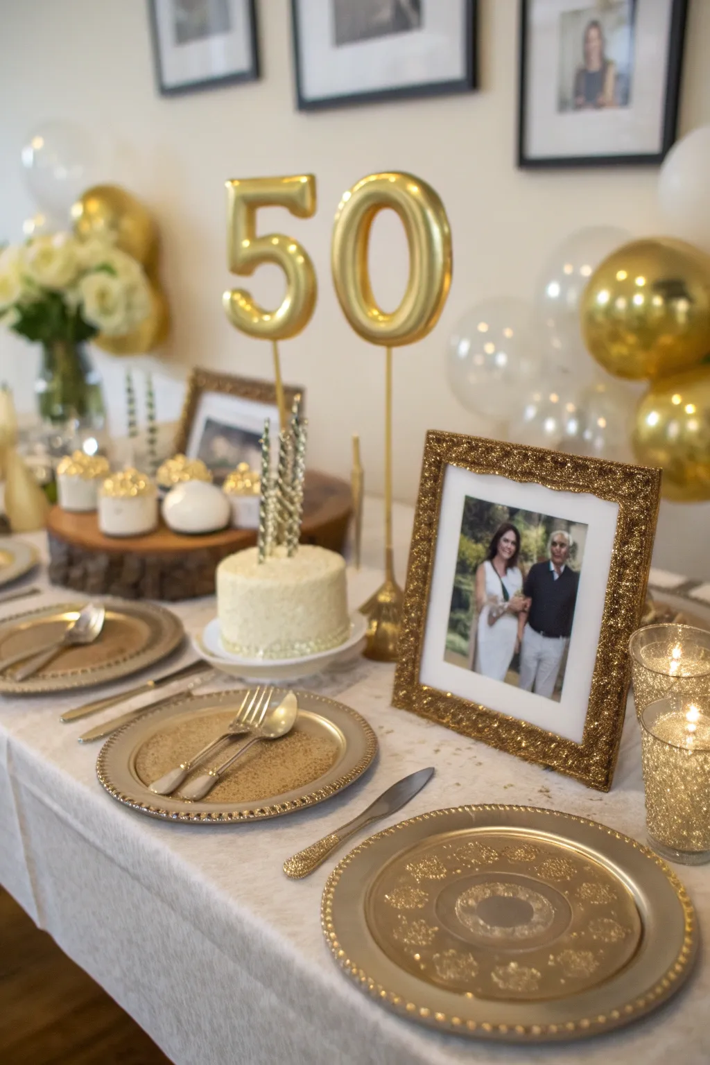 A dessert table adorned with gold-themed decorations and numeral toppers, creating a sweet centerpiece.