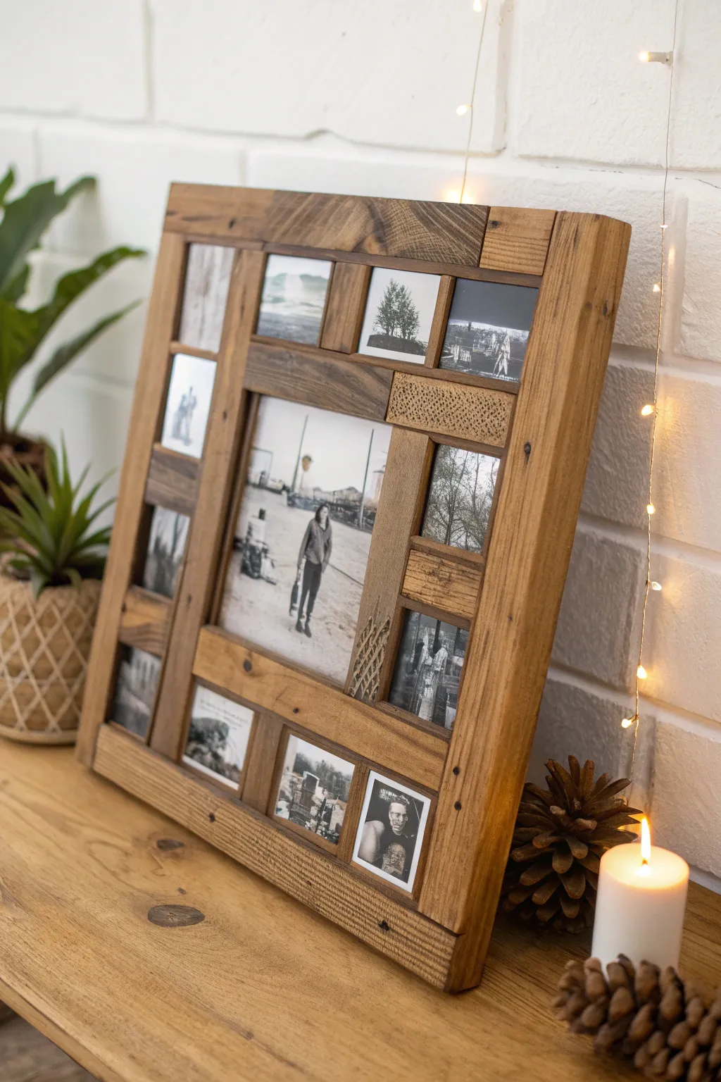Celebrate life's milestones with a rustic charm: A reclaimed wood photo collage that tells your unique story.