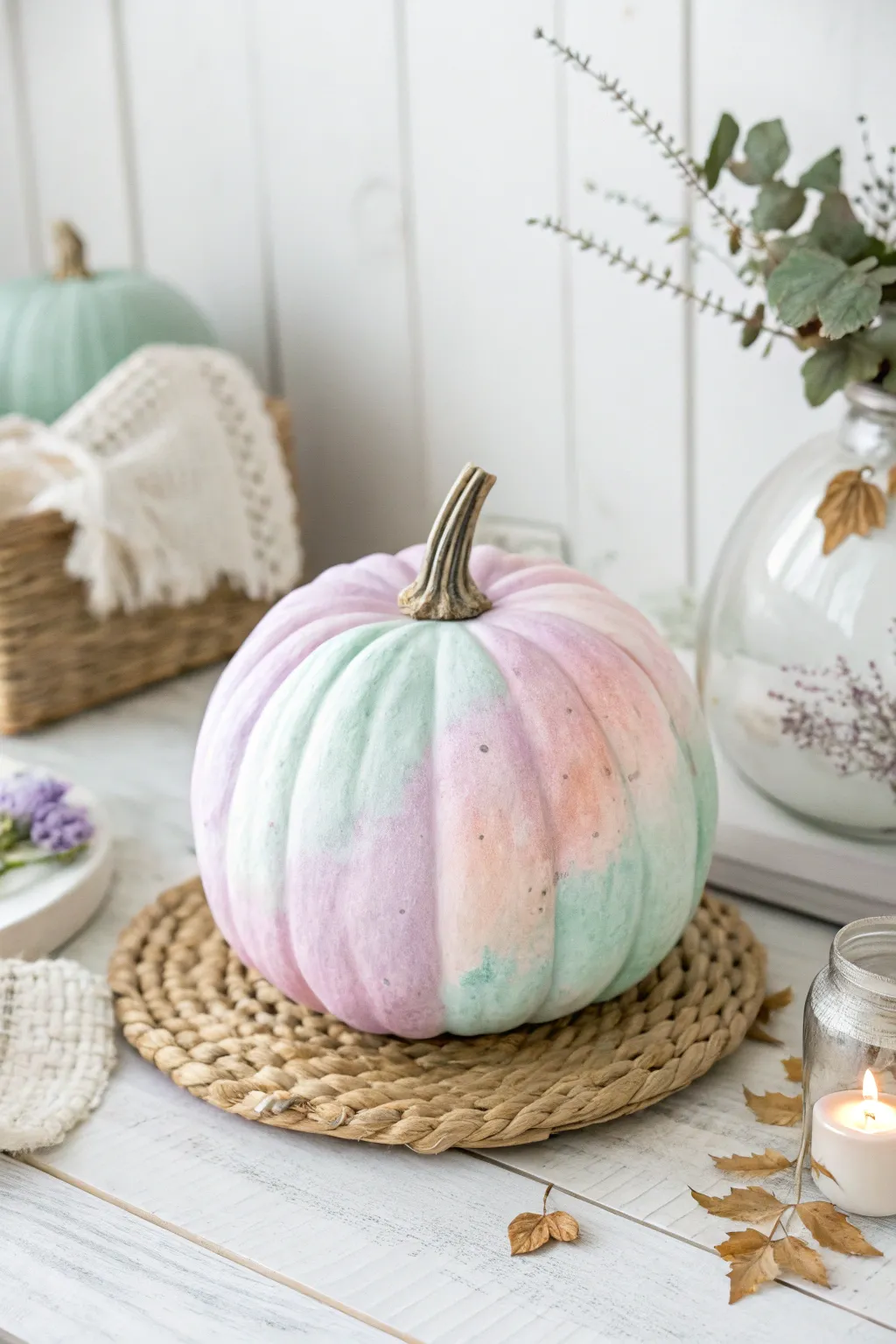 Embrace the whimsical charm of watercolors with this dreamy painted pumpkin.