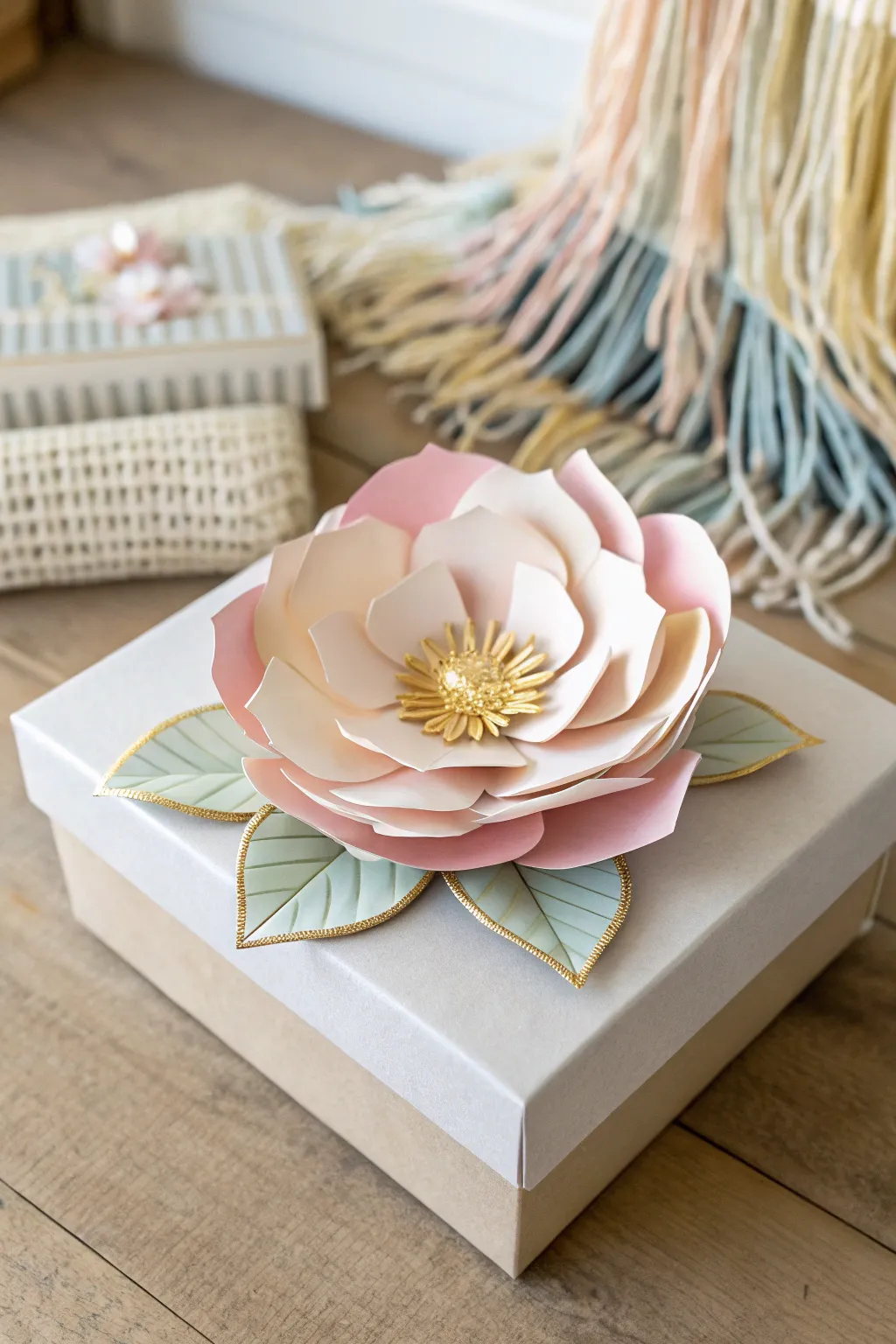 Elevate your gift-giving with the charming simplicity of a handcrafted paper flower topper.