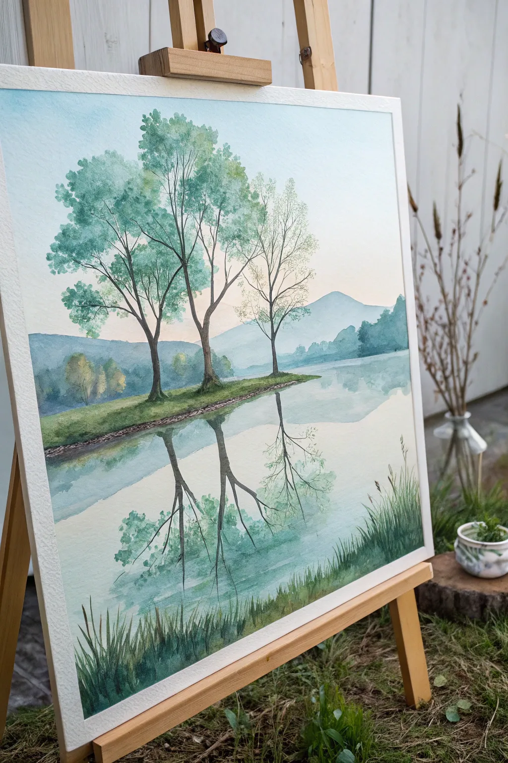 Nature's Mirror: Discover tranquility with this minimalist watercolor of tree reflections, perfect for bringing serene beauty to your space.