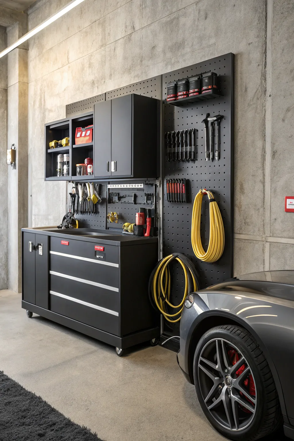 Streamline your workspace with this sleek air tool and hose storage solution. Perfect for the hands-on enthusiast.