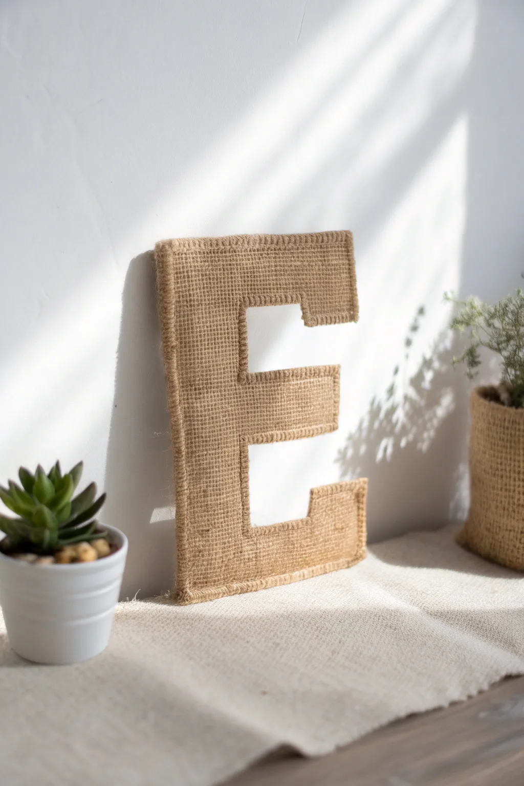 Explore the rustic charm of textures with this burlap 'E'. Perfect for adding a touch of nature-inspired elegance to your space.