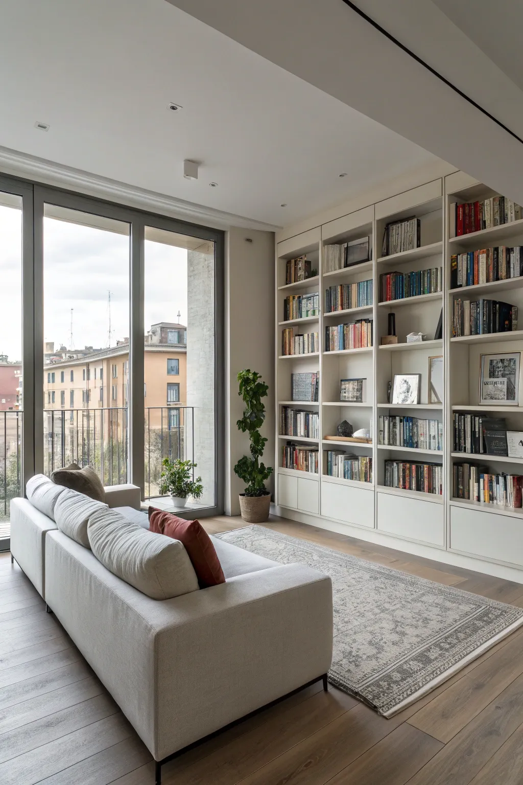 A cozy reading nook with integrated bookshelves and a modern sofa.