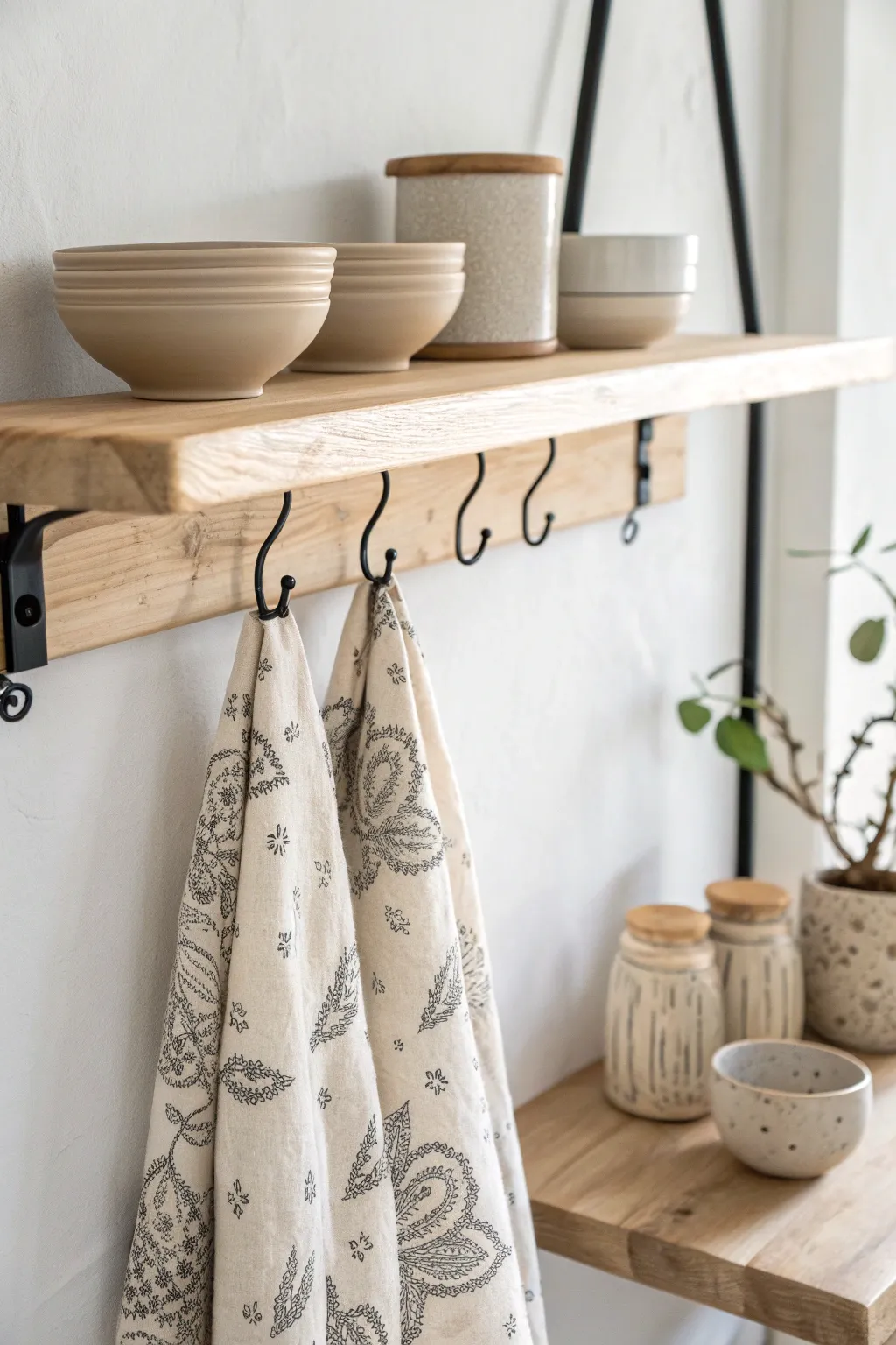 Elevate your kitchen space with a chic shelf and hook combo that blends Scandinavian simplicity with boho elegance.
