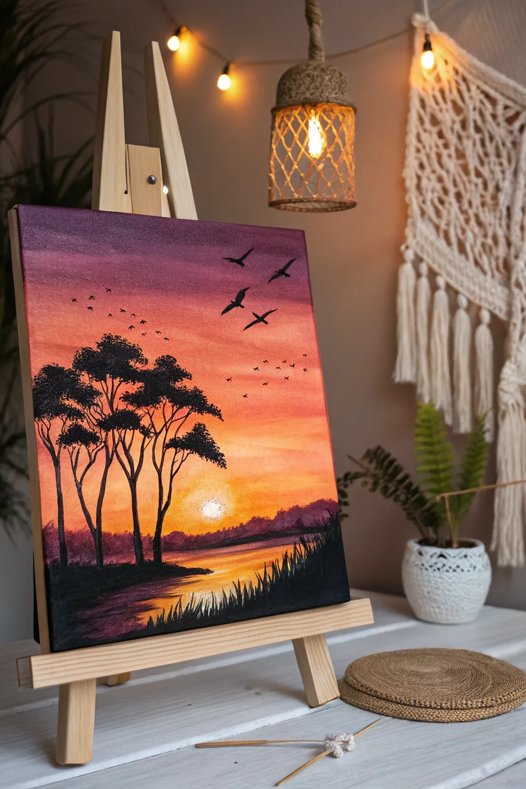 Capture the magic of sunset with the rich textures of oil pastels. Embrace the beauty of simplicity and craftsmanship. #SunsetSilhouettes #PastelMagic #ScandiBoho