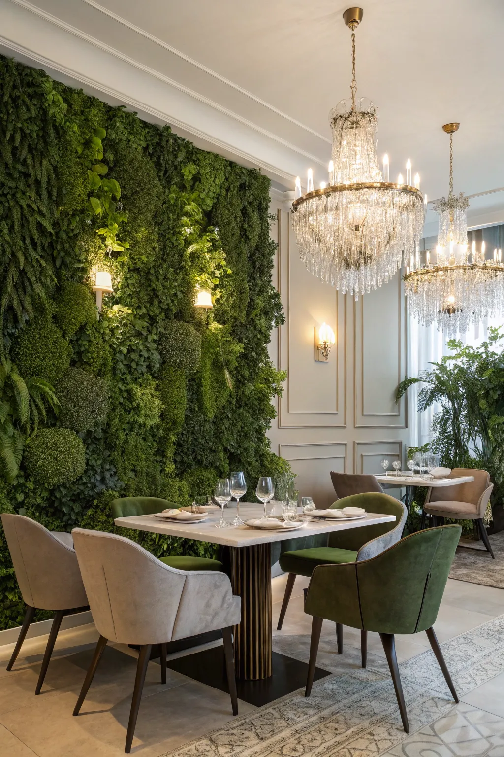Enhance your dining experience with a lush plant wall.