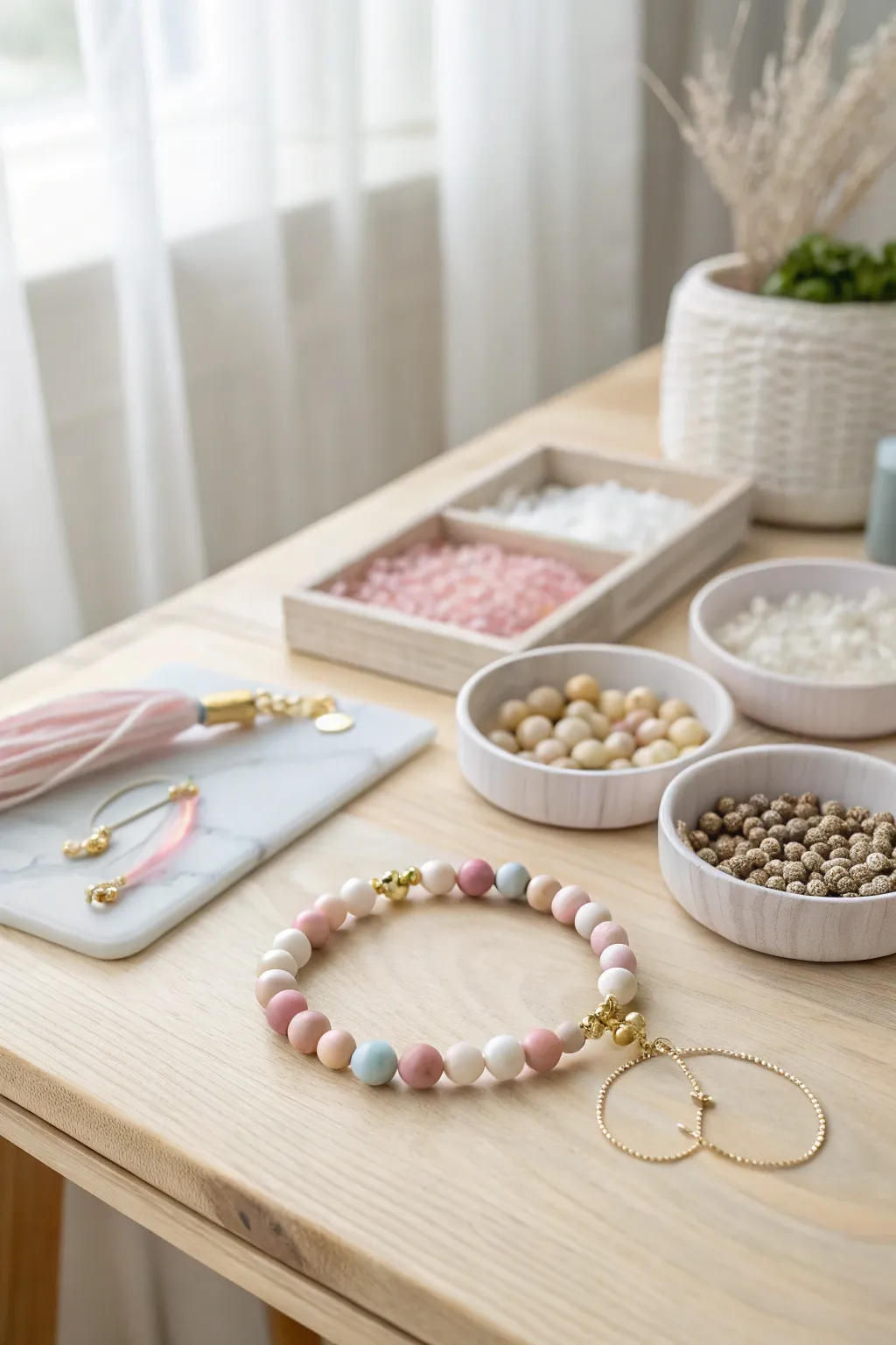 Create your own wearable art: A charming DIY jewelry station for an unforgettable arts and crafts party.