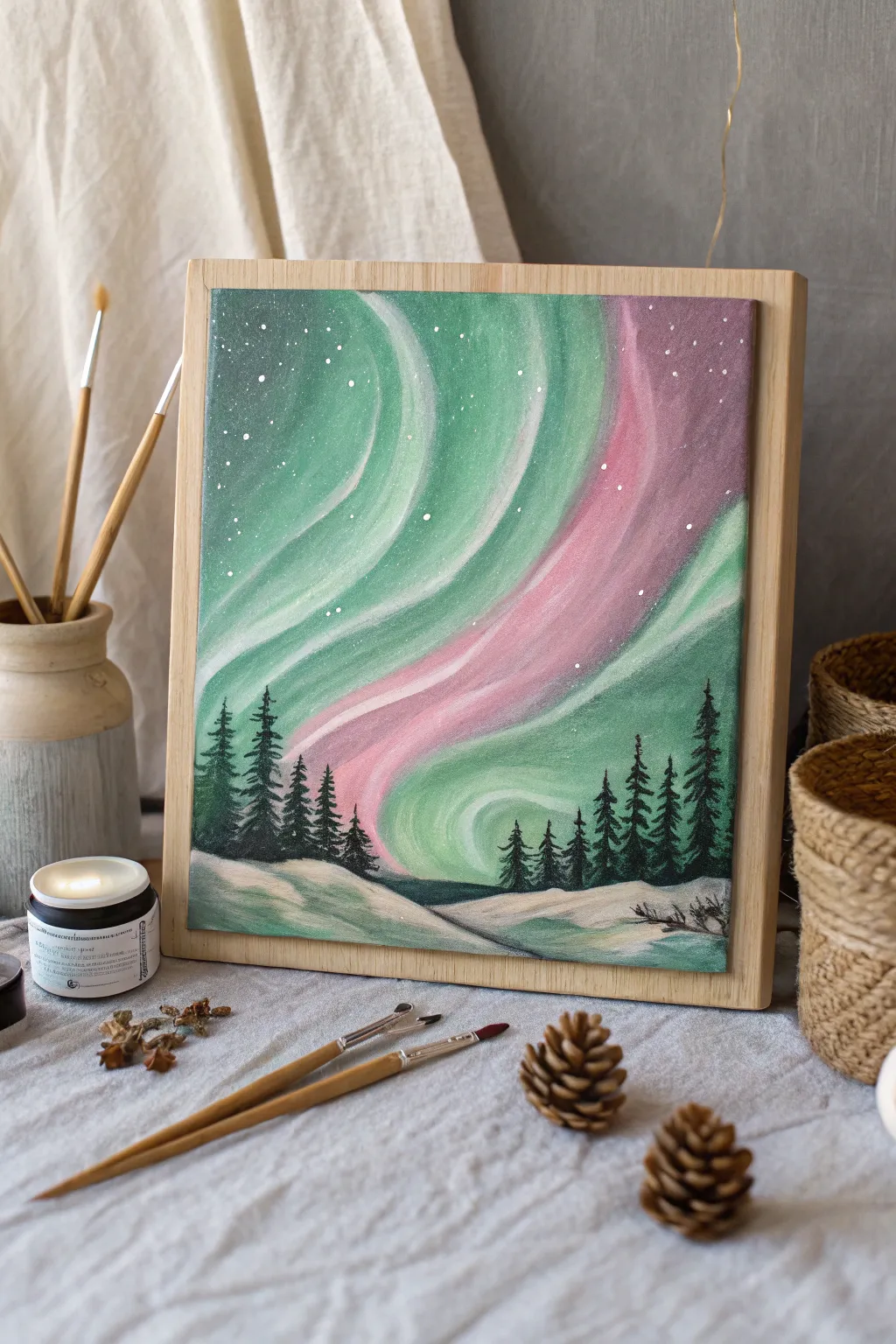 Capture the magic of the Northern Lights with minimalist elegance and natural beauty.
