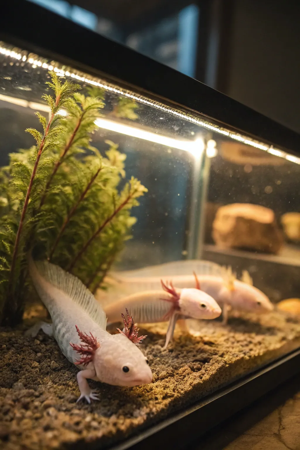 Gentle lighting enhances the tank's ambiance without disturbing its inhabitants.