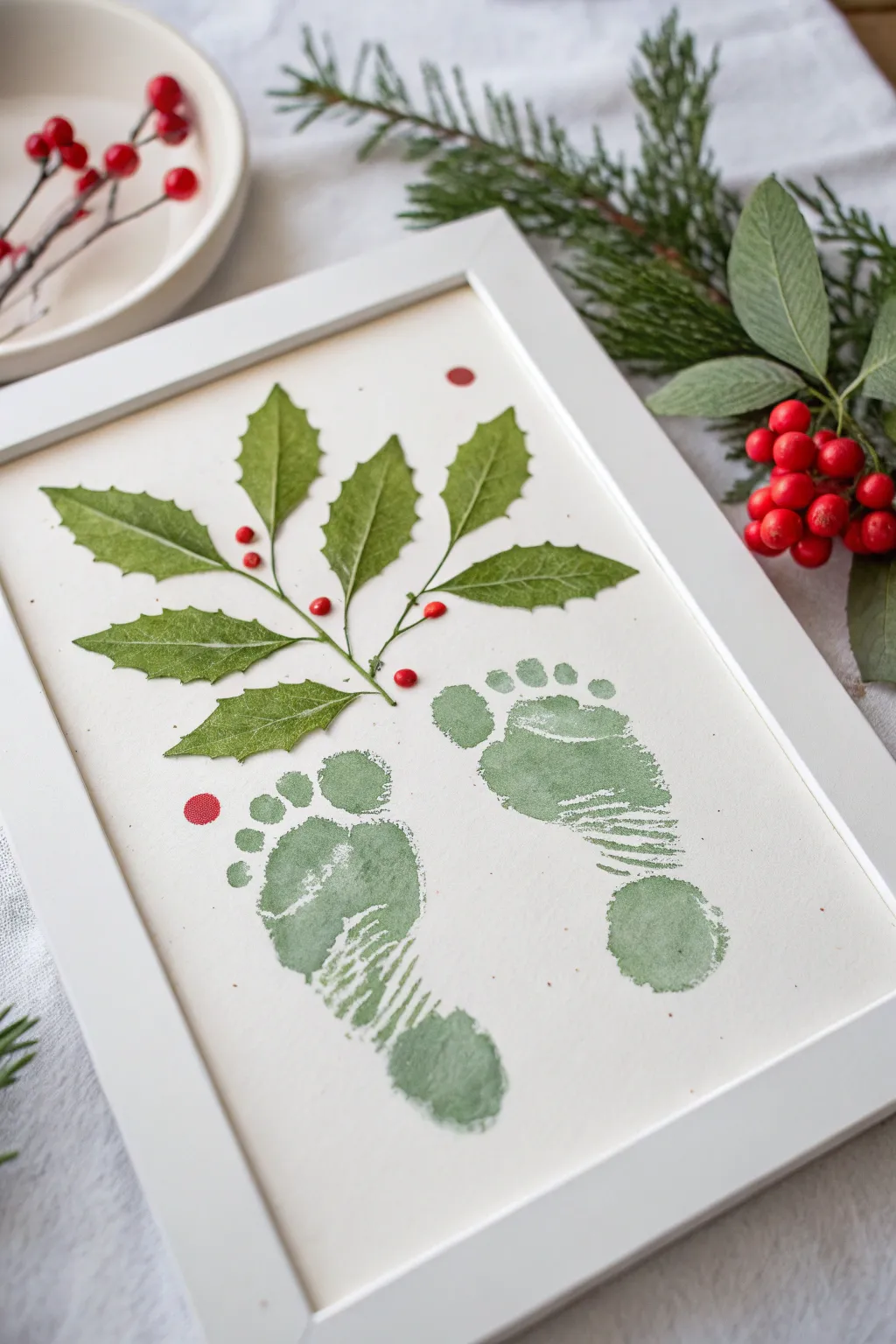 Capture the magic of tiny toes with this charming mistletoe art—perfect for a festive touch of natural beauty!
