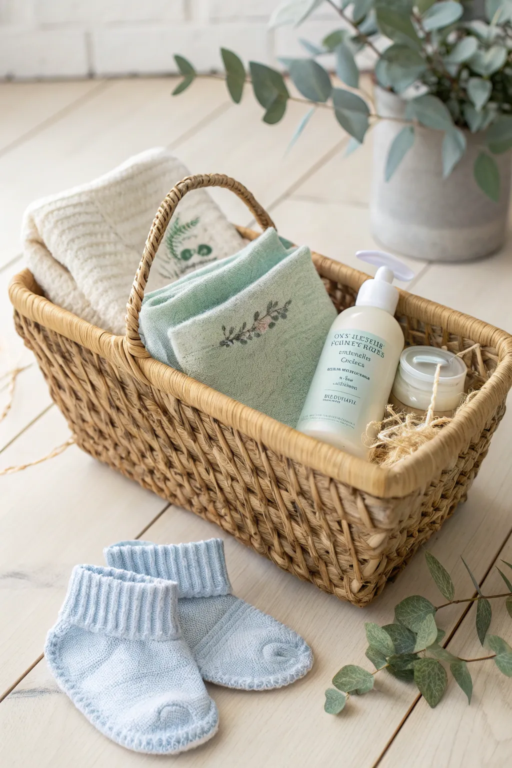 Delight new parents with a thoughtfully curated baby essentials basket, blending minimalist elegance with heartwarming practicality.