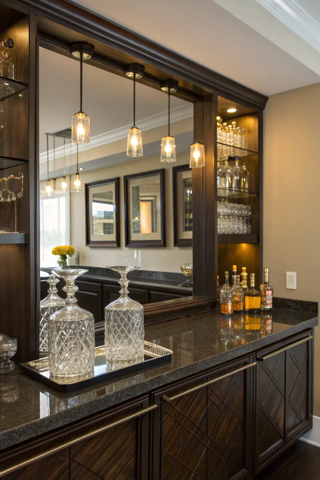 Elevate your home bar with a mirror backsplash for a touch of sophistication and style.