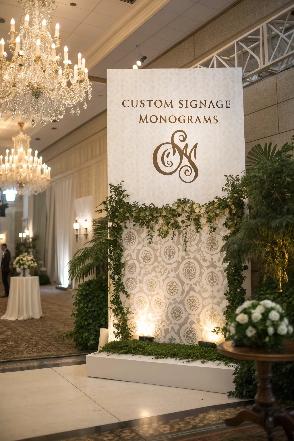 A personalized backdrop featuring custom signage and monograms.
