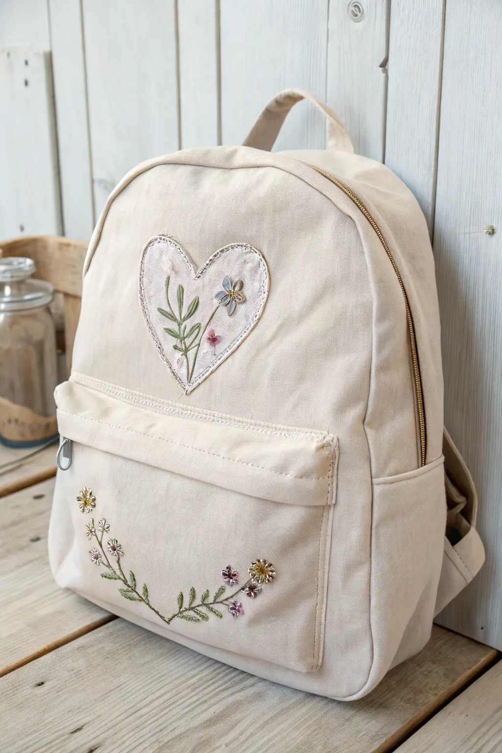 Elevate your style with heartwarming embroidery details on your favorite backpack.