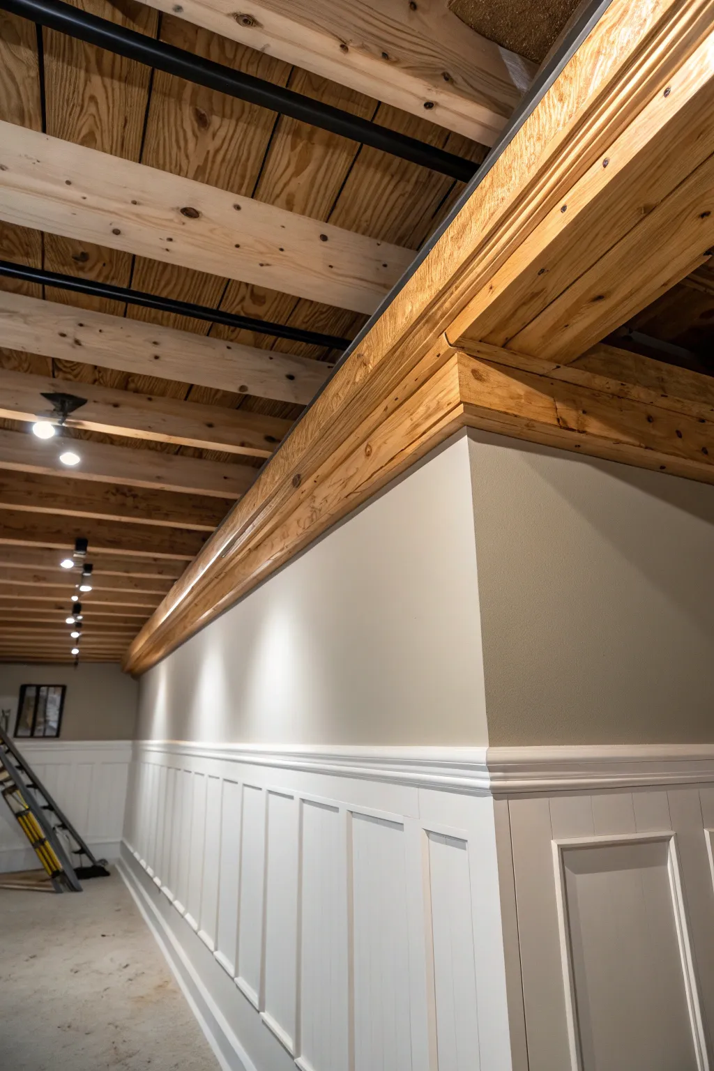 Witness the transformation: from raw to refined in basement soffit framing.