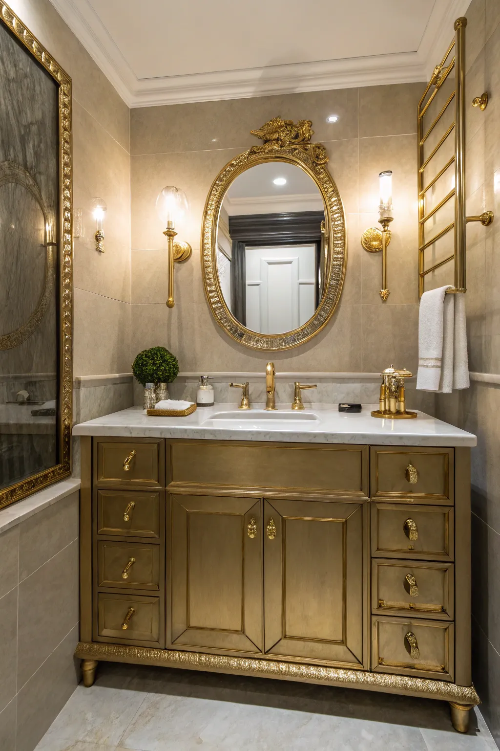 Metallic accents bringing elegance to your bathroom.