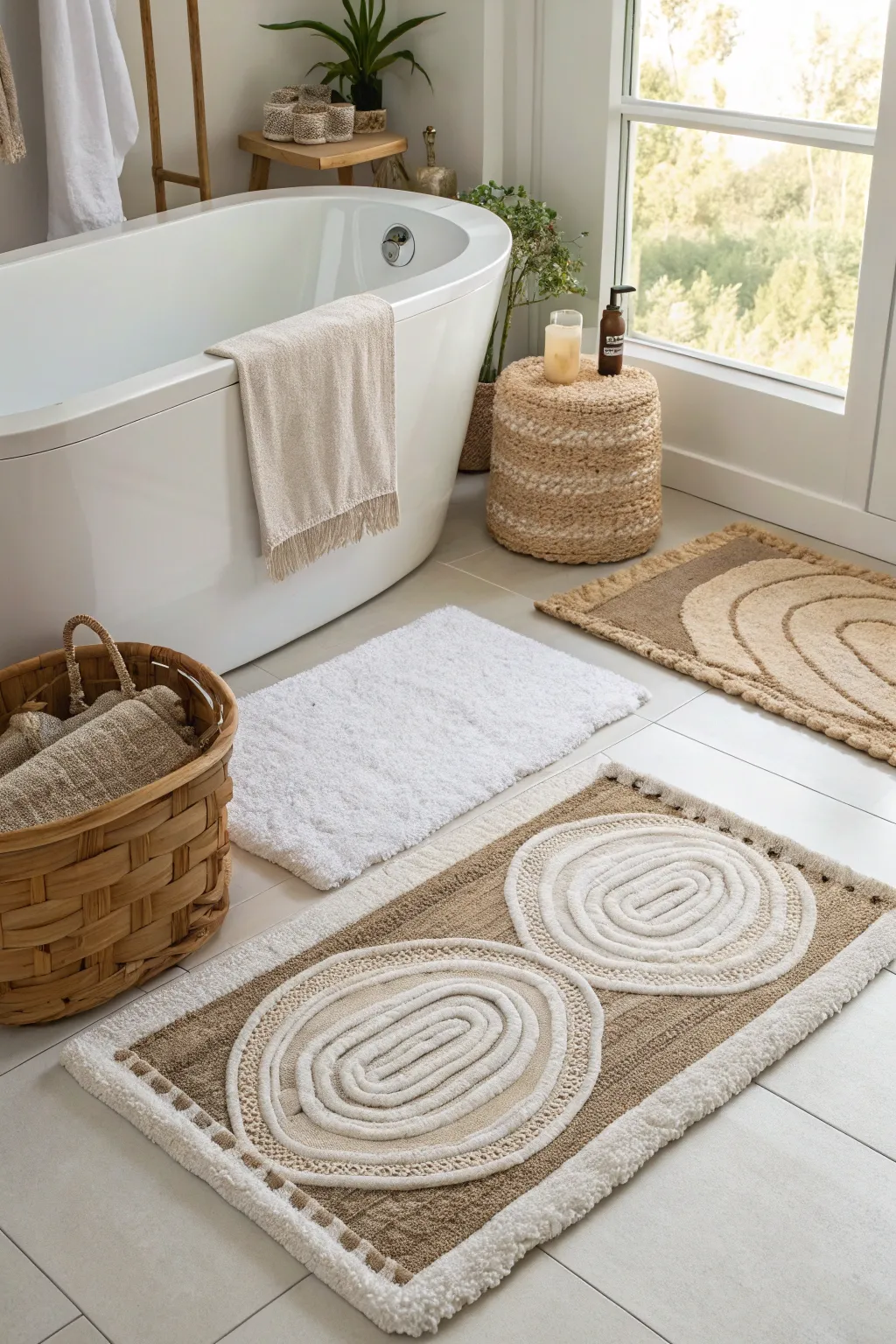 Layered rugs add dimension and intrigue to your bathroom floor.