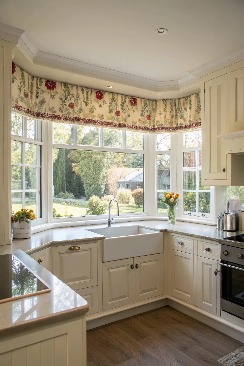 Chic tab top valances in a bright and airy kitchen.