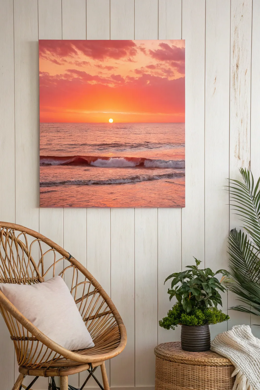 Capture the magic of a sunset with warm hues and minimalist elegance.