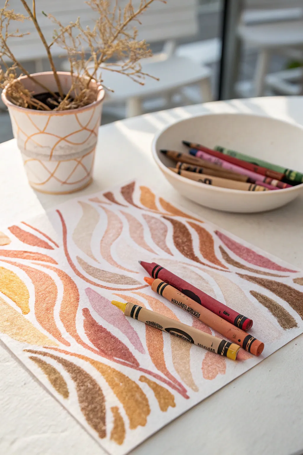 Discover the artful dance of crayon and watercolor, where bold meets fluid in a harmonious blend of textures.