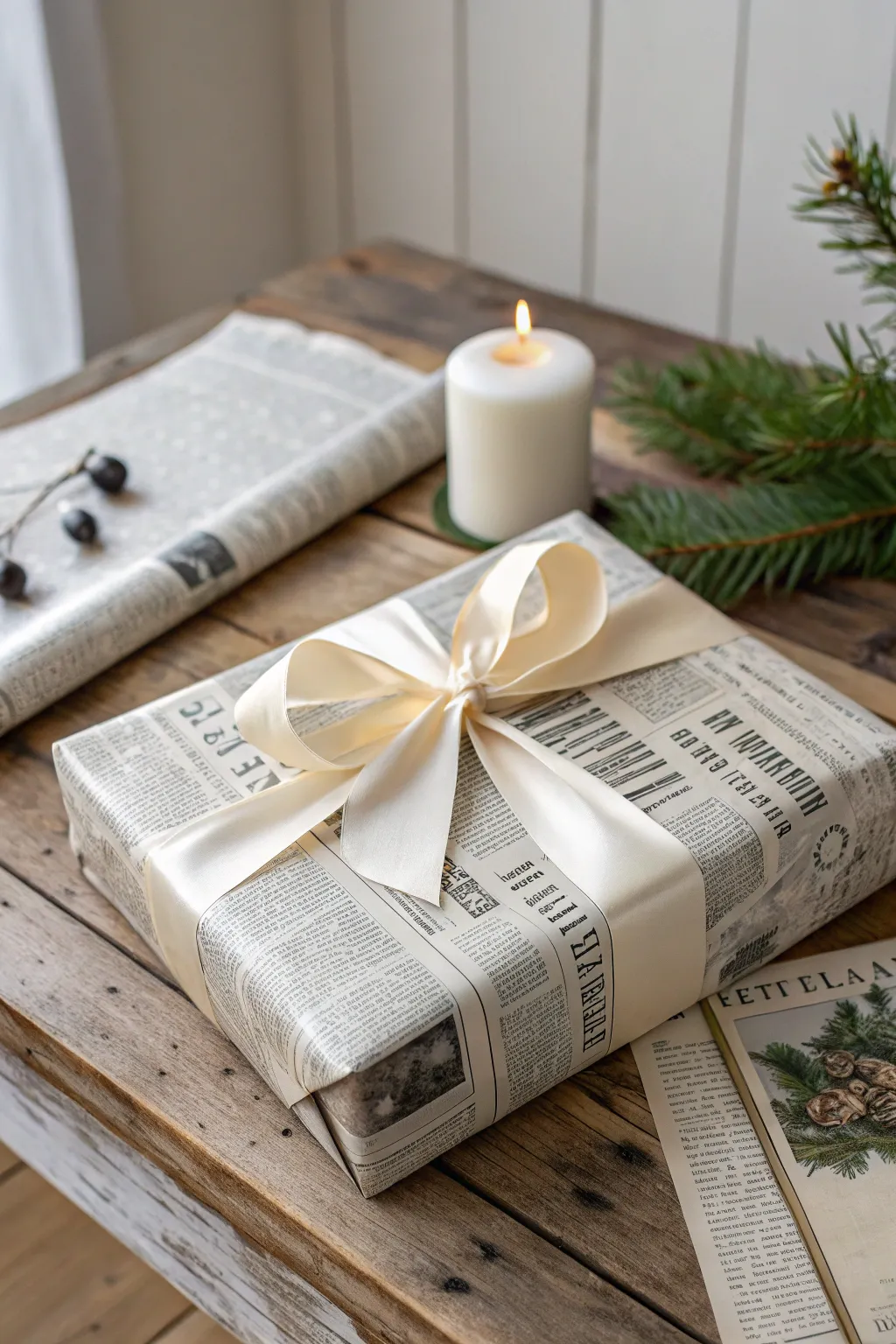 Add a vintage charm to your gifts this Christmas with nostalgic newspaper wrapping and a touch of satin elegance.