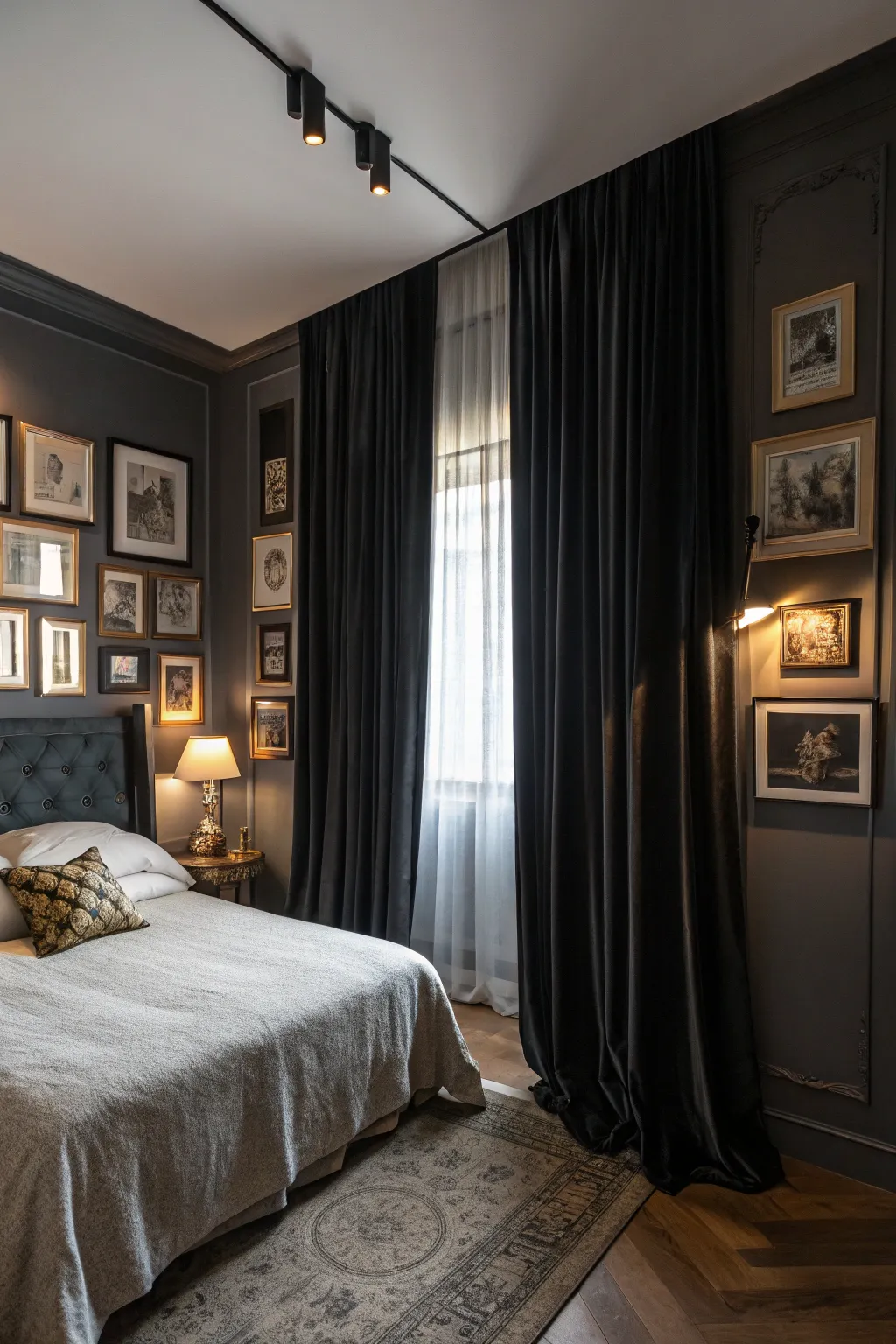 Dramatic accents enhance the impact of black curtains in a stylish bedroom.