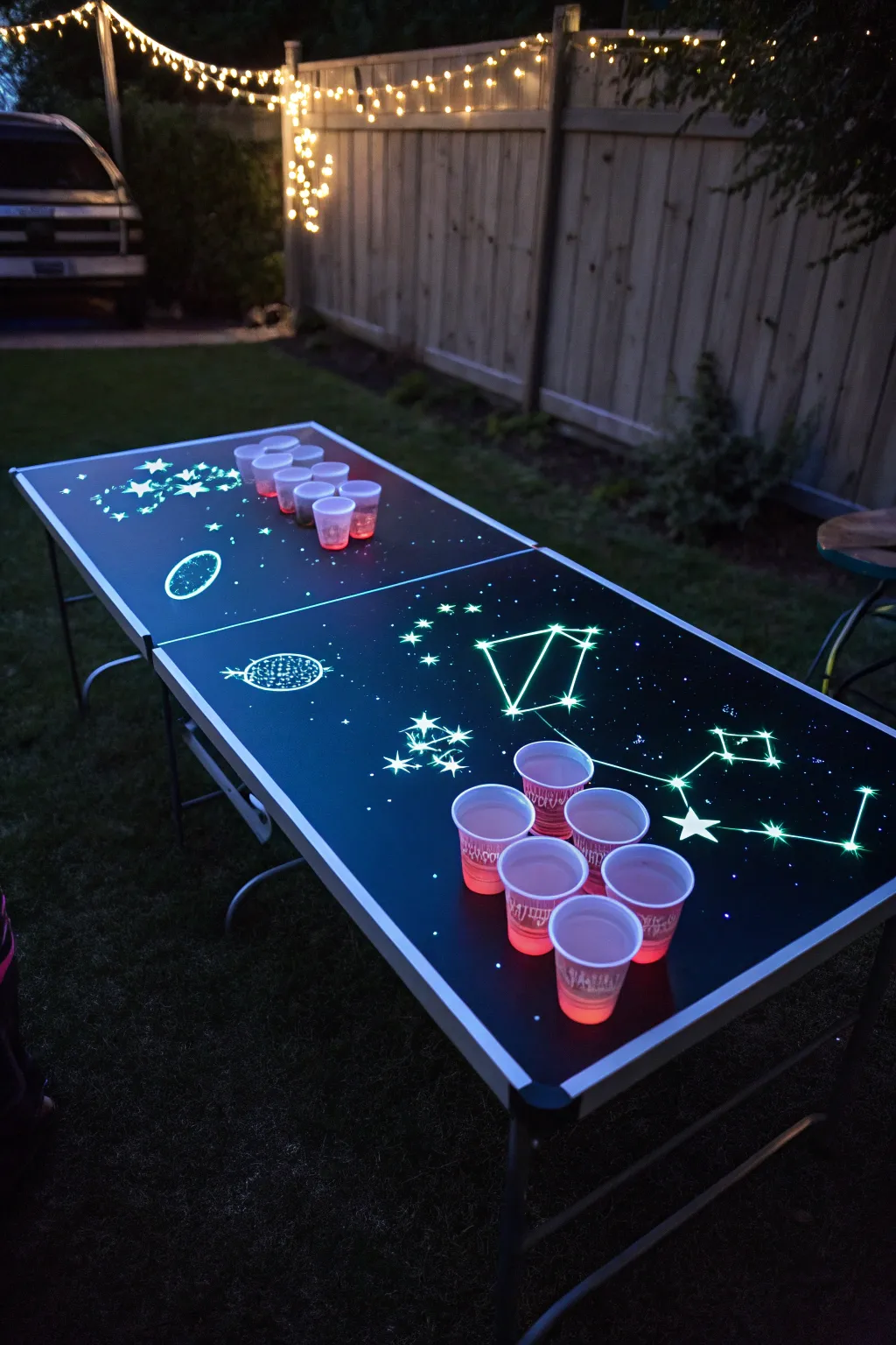 Transform your game night with this cosmic glow-in-the-dark beer pong table.