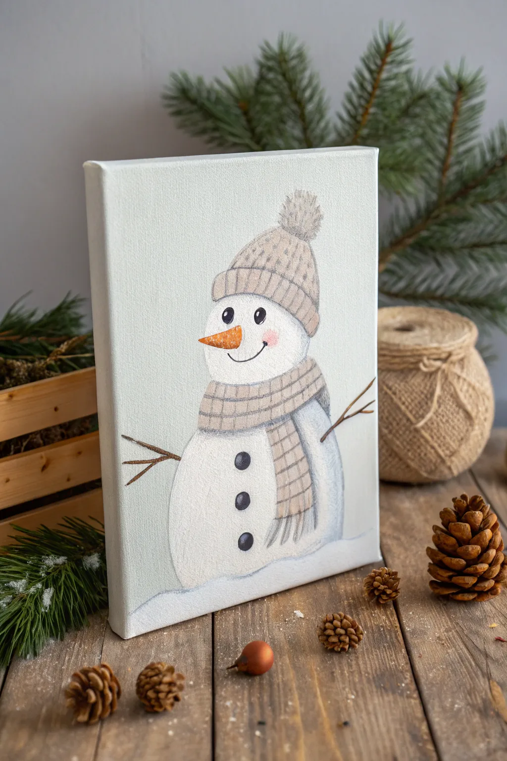 Capture the essence of Christmas with a minimalist snowman painting that exudes warmth and charm.
