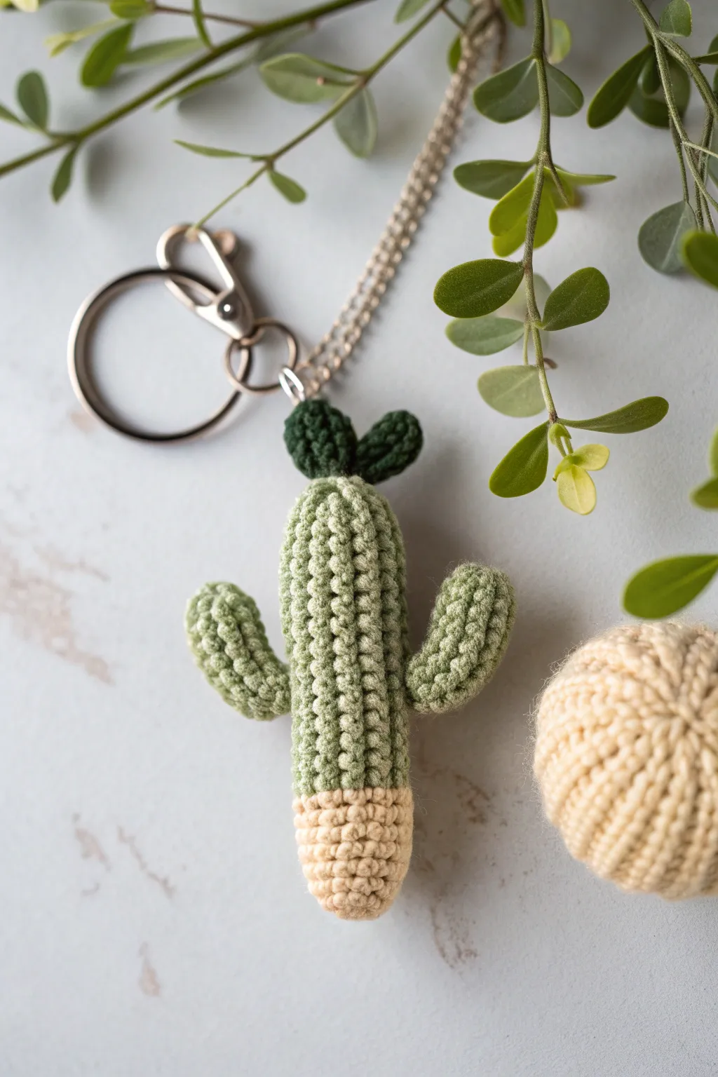 Delight in the charm of handmade: a cute crochet cactus keychain perfect for a touch of boho elegance!