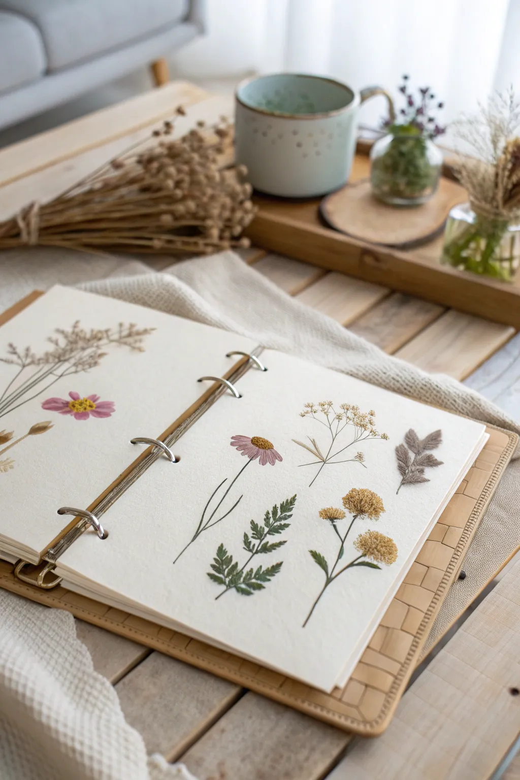 Embrace nature's artistry with delicately pressed dried flowers in your scrapbook.