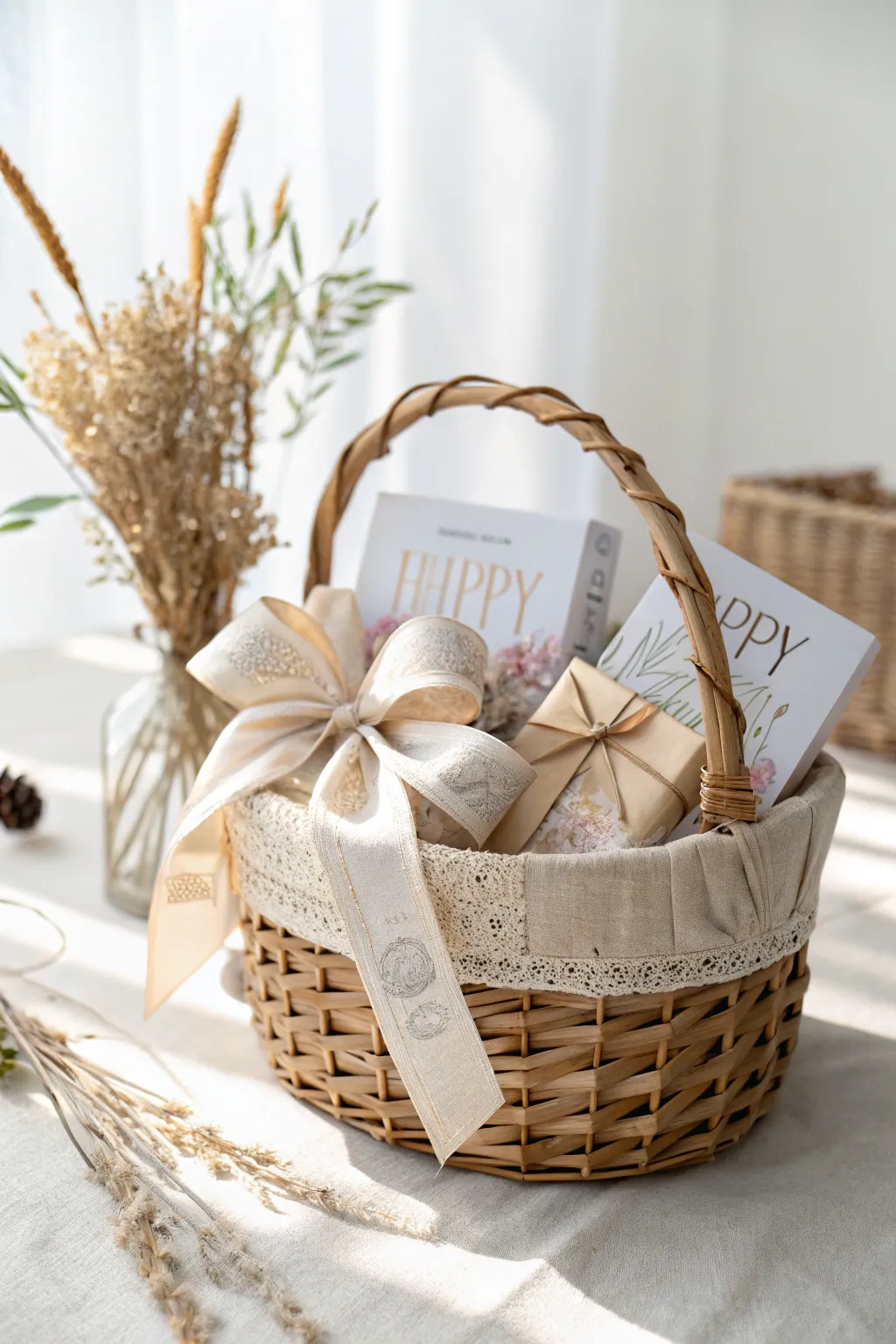Crafted with love: A minimalist birthday basket adorned with charming recycled ribbons.